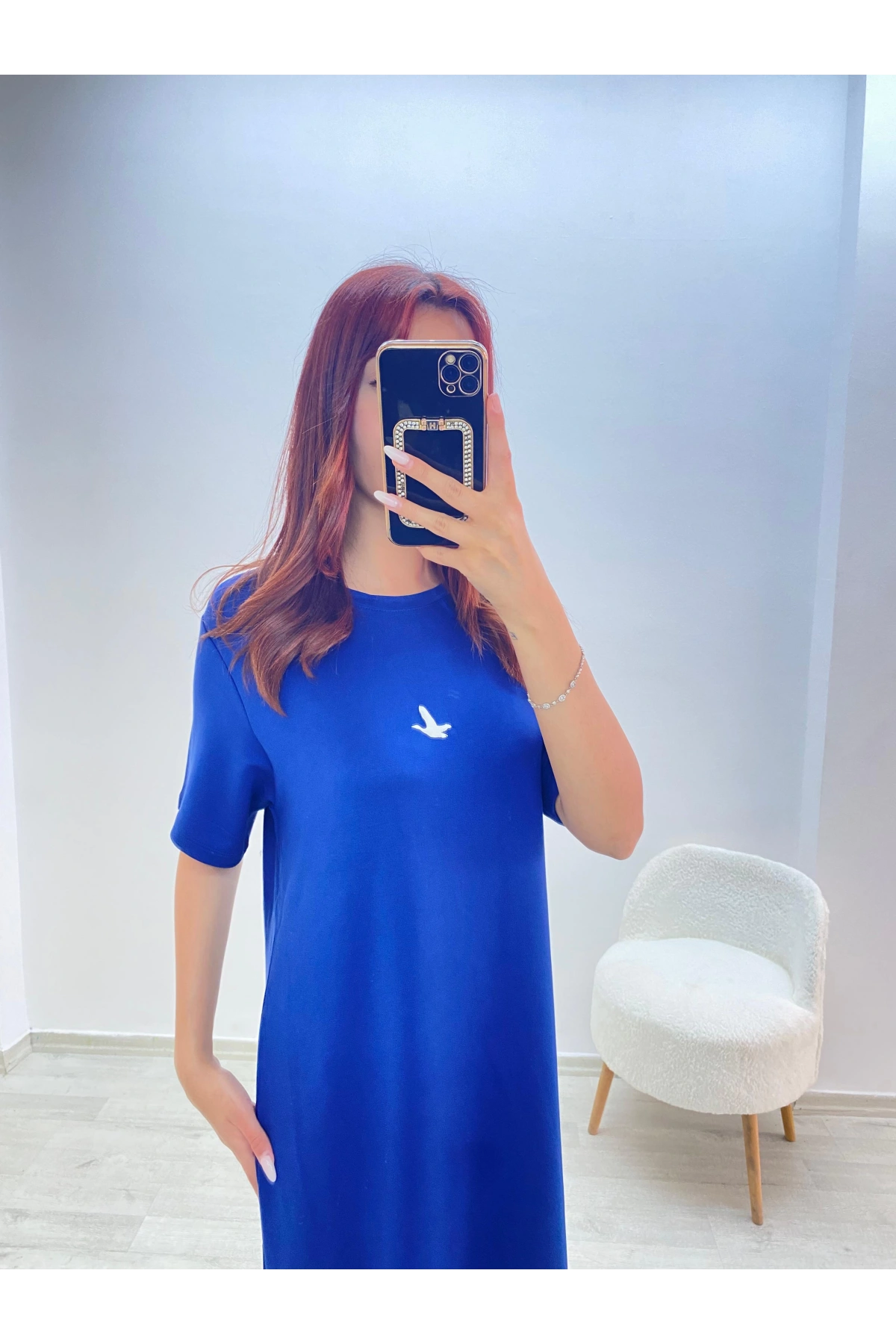 Kuş Baskılı Elbise Lacivert