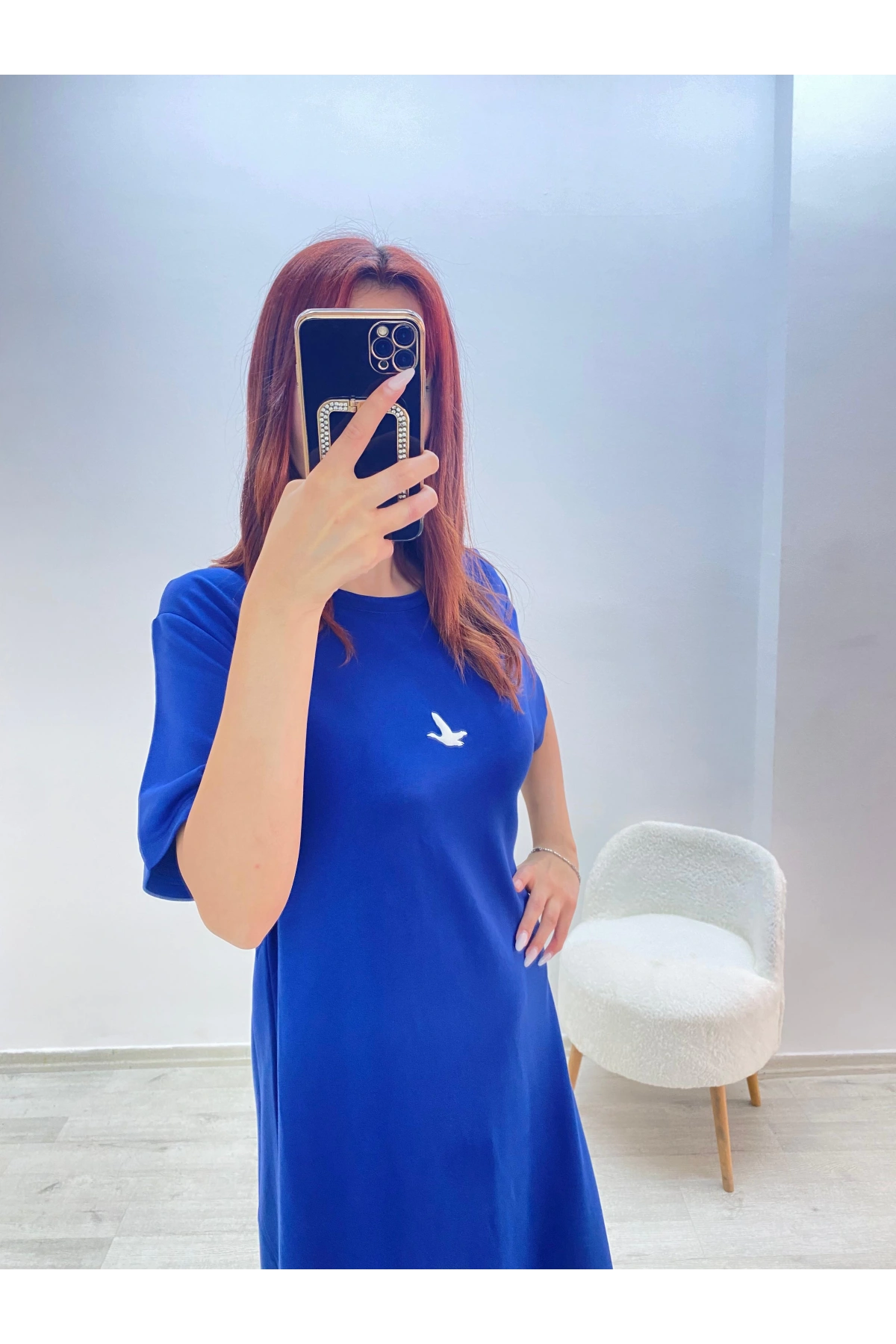 Kuş Baskılı Elbise Lacivert