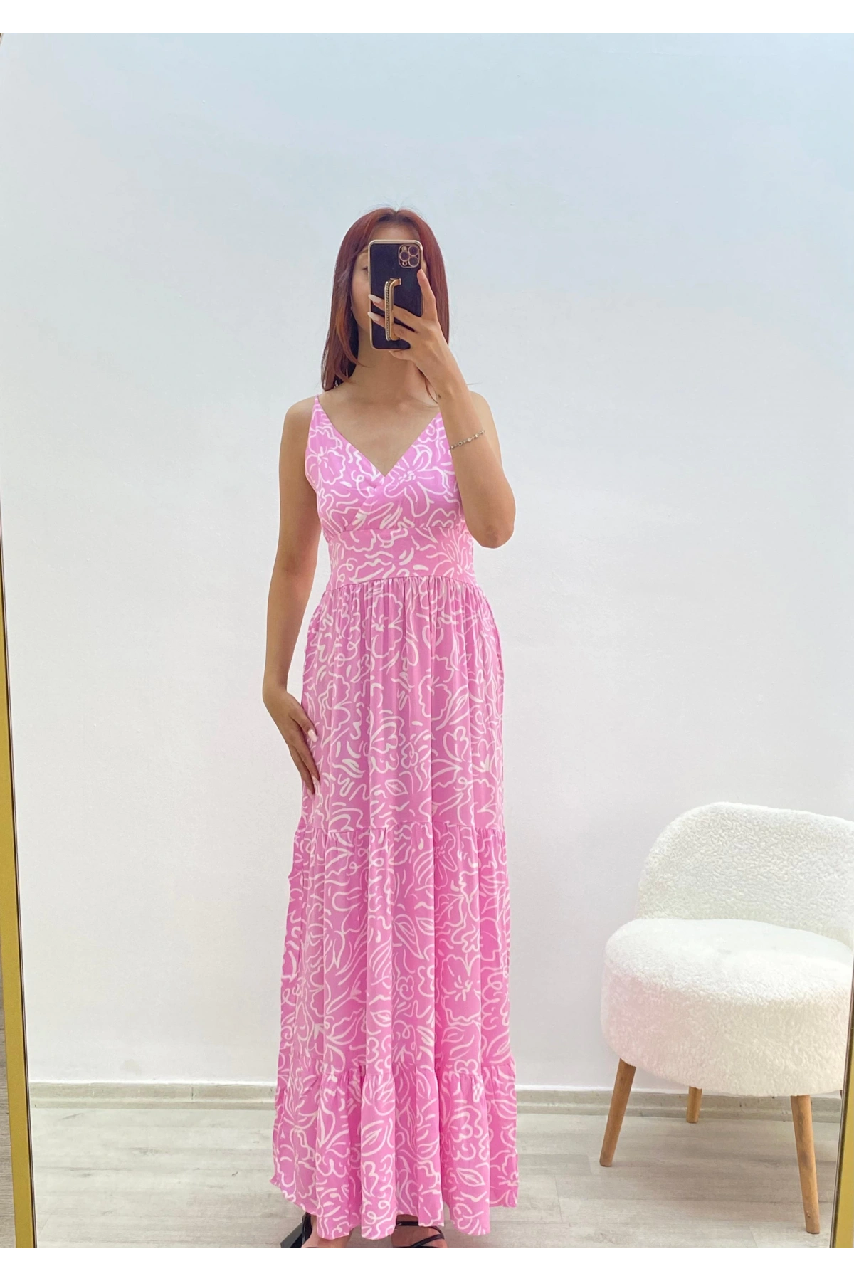 Askılı Belmando Desenli İp Askılı Elbise Pembe