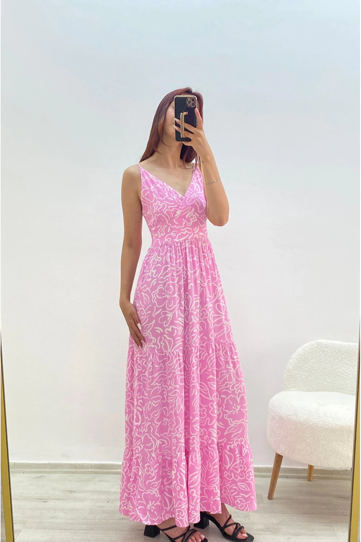 Askılı Belmando Desenli İp Askılı Elbise Pembe