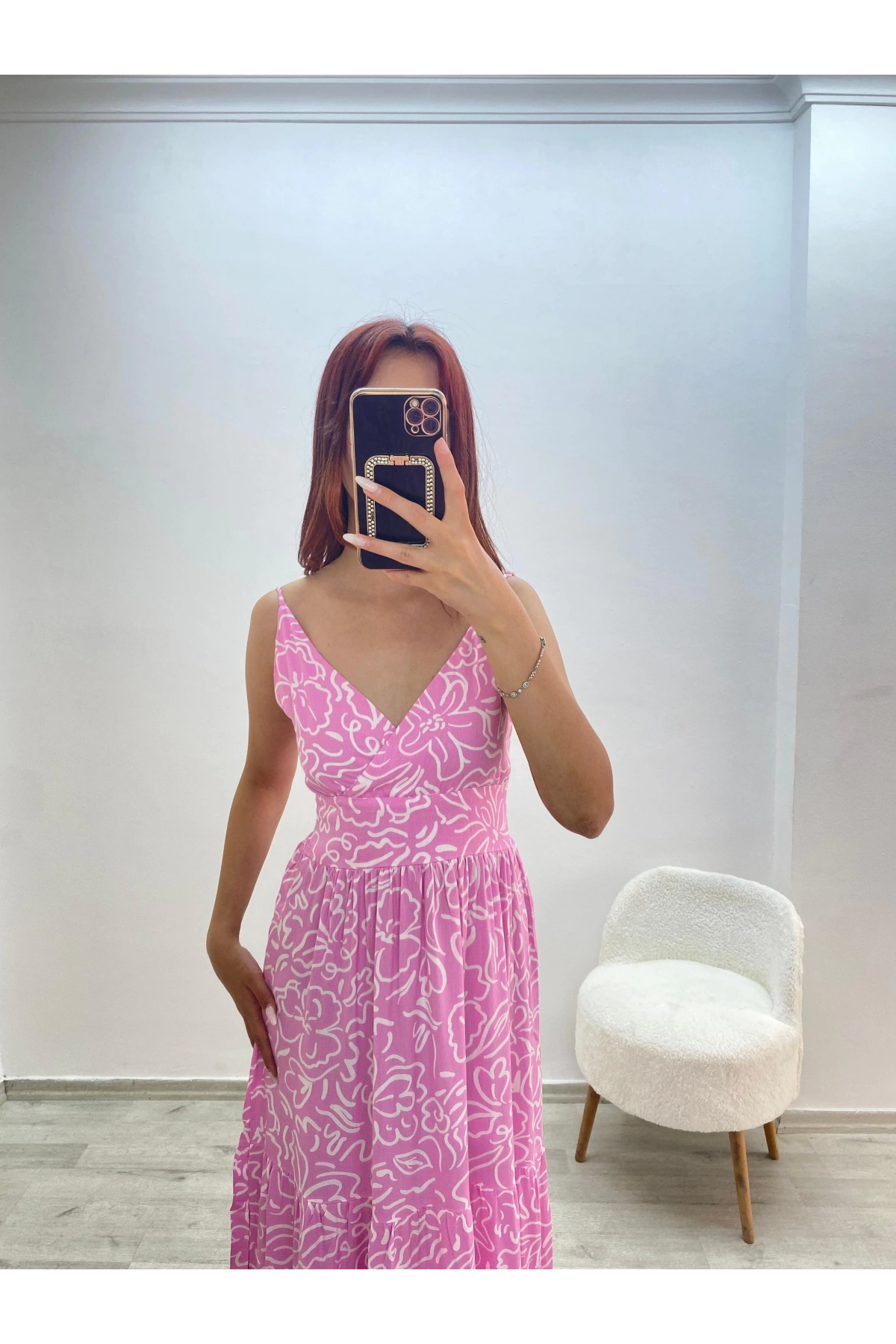 Askılı Belmando Desenli İp Askılı Elbise Pembe