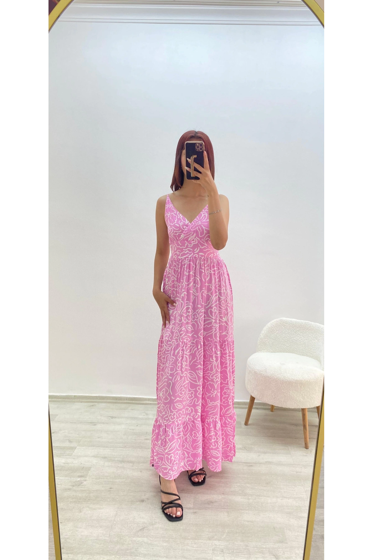 Askılı Belmando Desenli İp Askılı Elbise Pembe