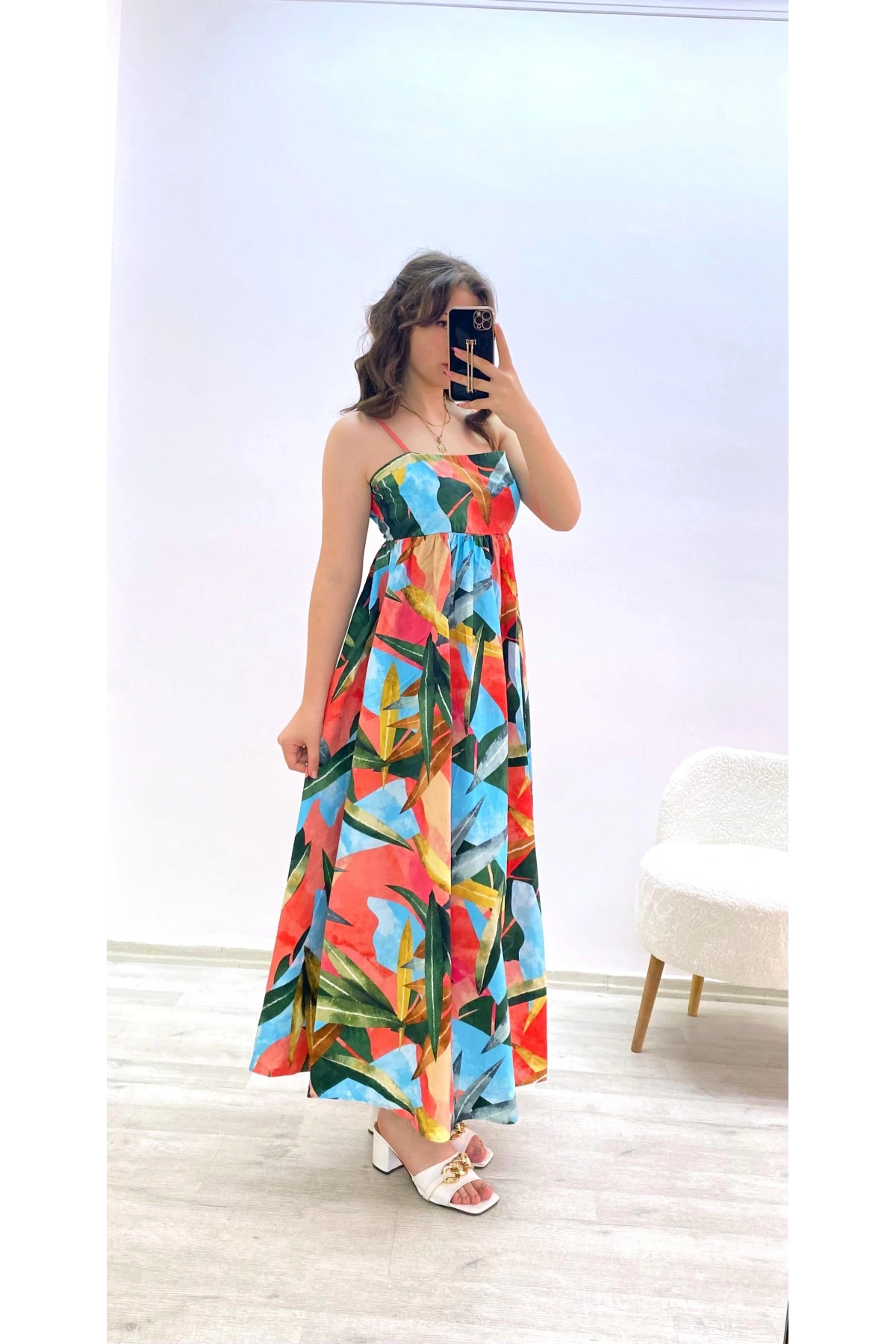 Renkli Desenli Uzun Elbise