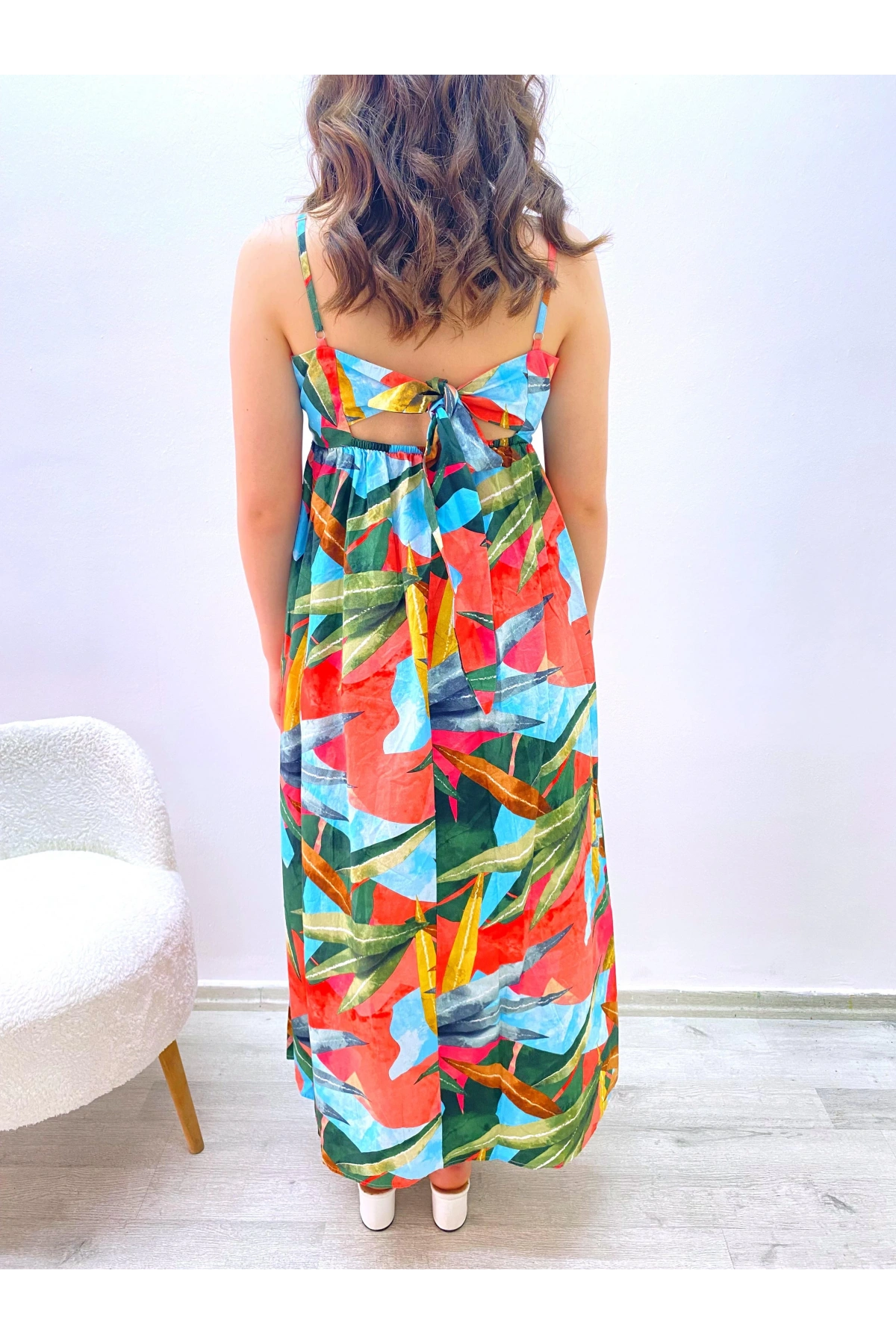 Renkli Desenli Uzun Elbise