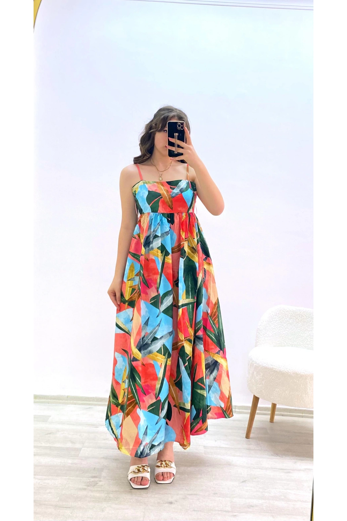 Renkli Desenli Uzun Elbise