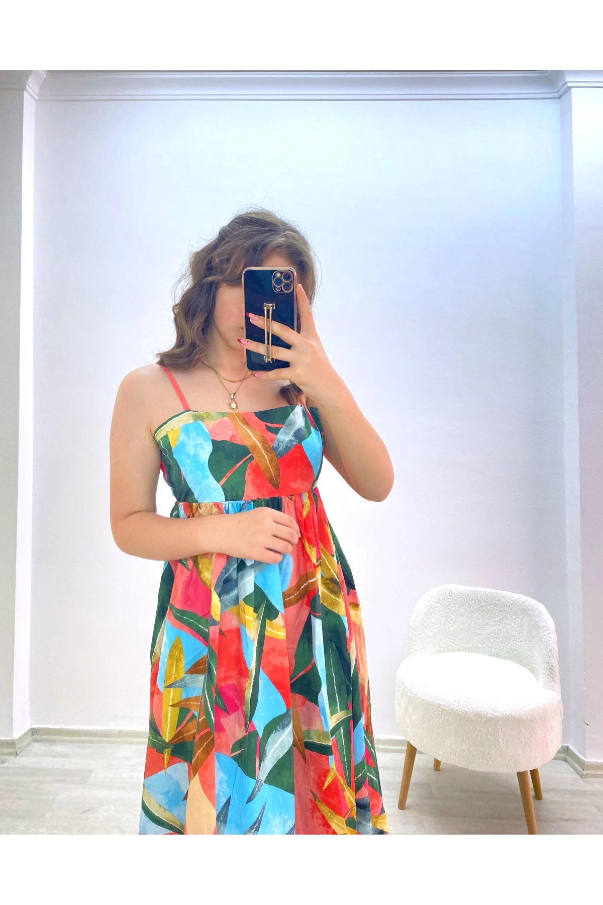 Renkli Desenli Uzun Elbise