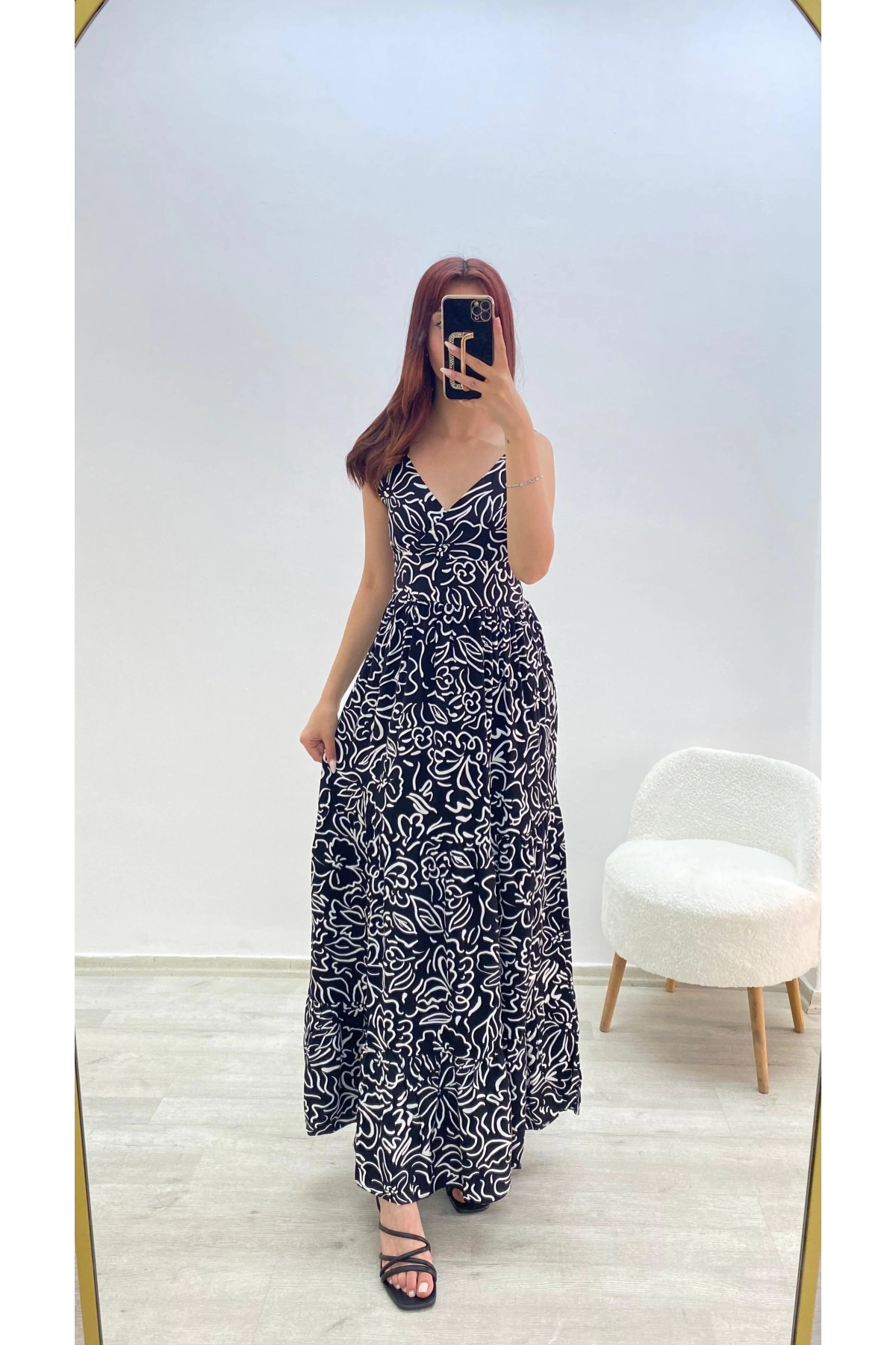 Askılı Belmando Desenli İp Askılı Elbise Siyah