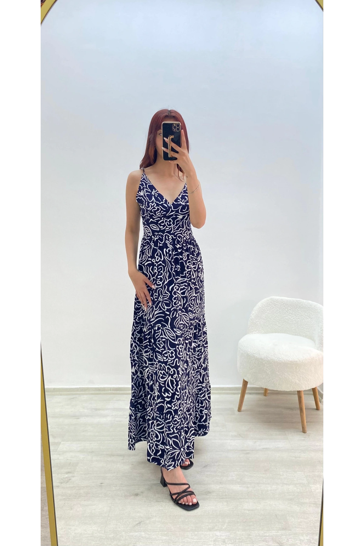 Askılı Belmando Desenli İp Askılı Elbise Siyah