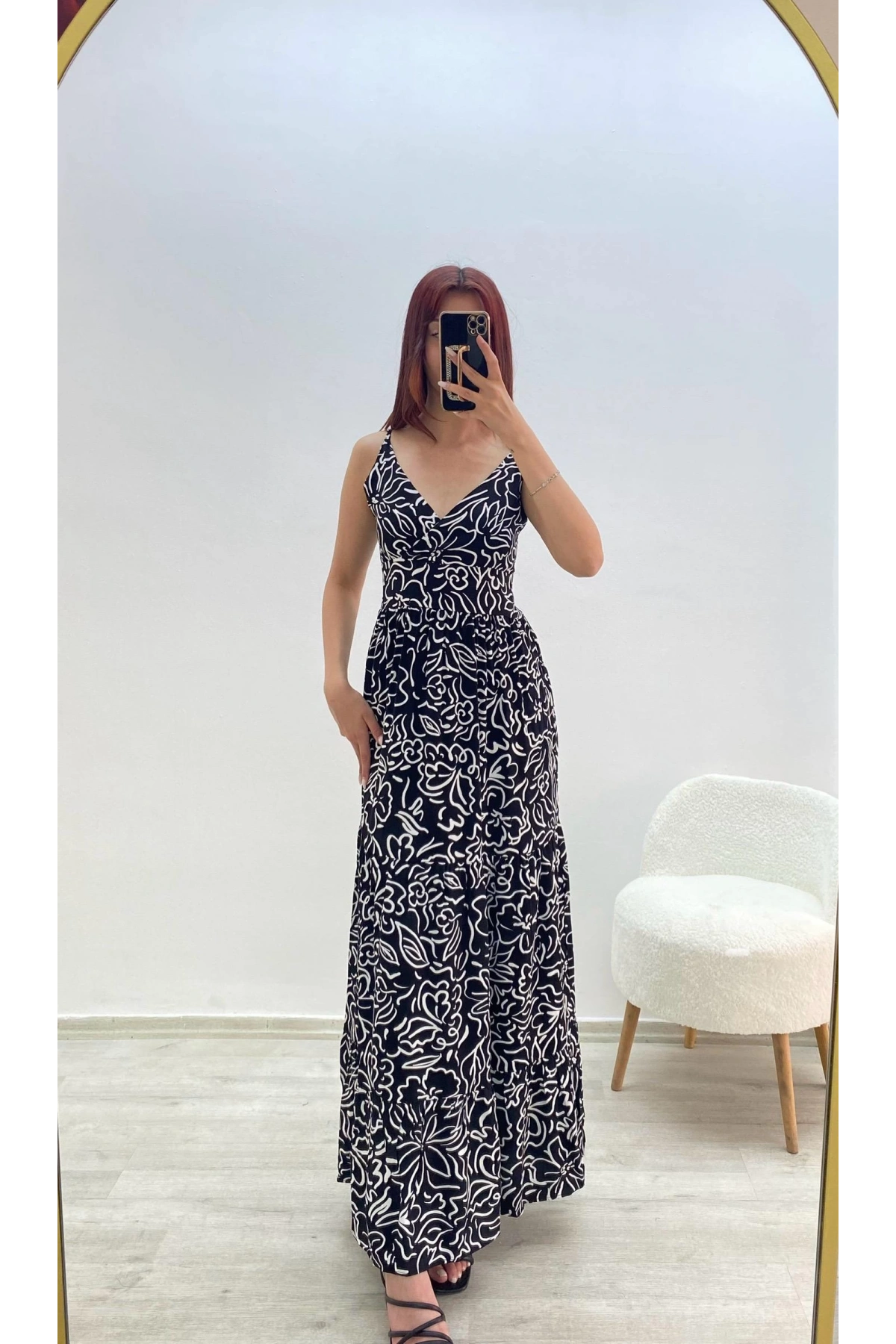 Askılı Belmando Desenli İp Askılı Elbise Siyah