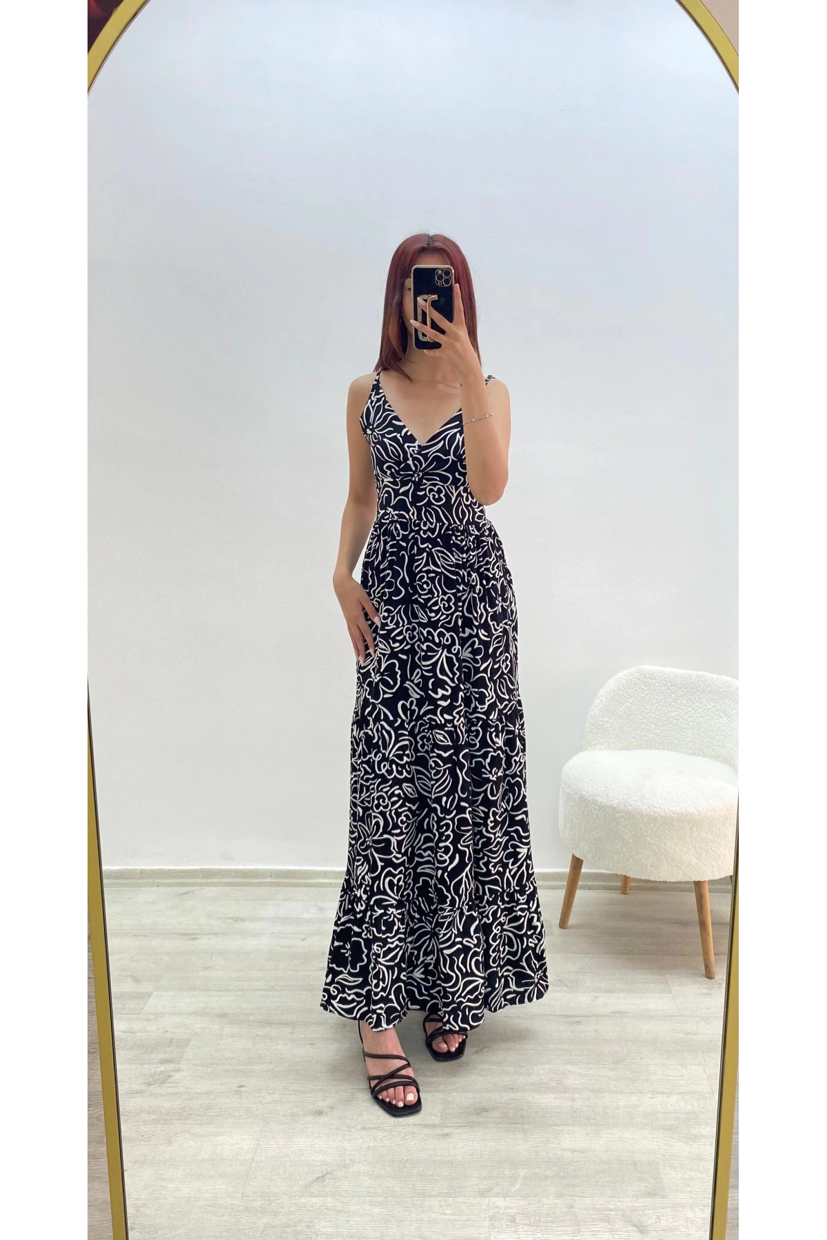 Askılı Belmando Desenli İp Askılı Elbise Siyah