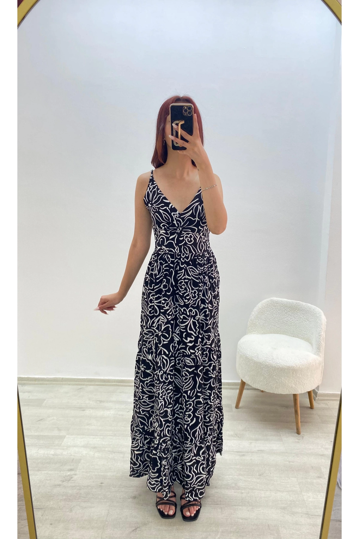 Askılı Belmando Desenli İp Askılı Elbise Siyah