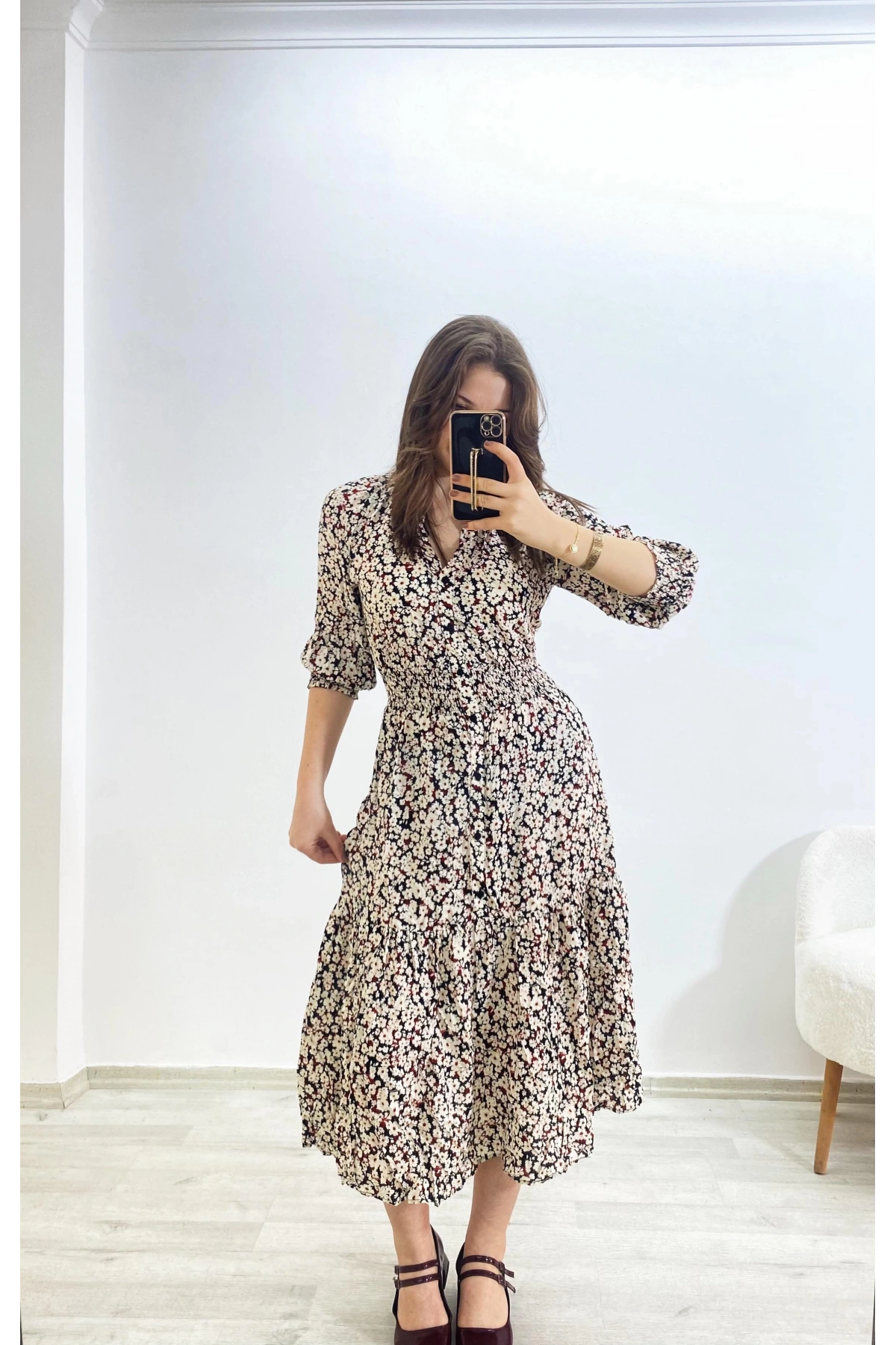 Uzun Kol Desenli Elbise