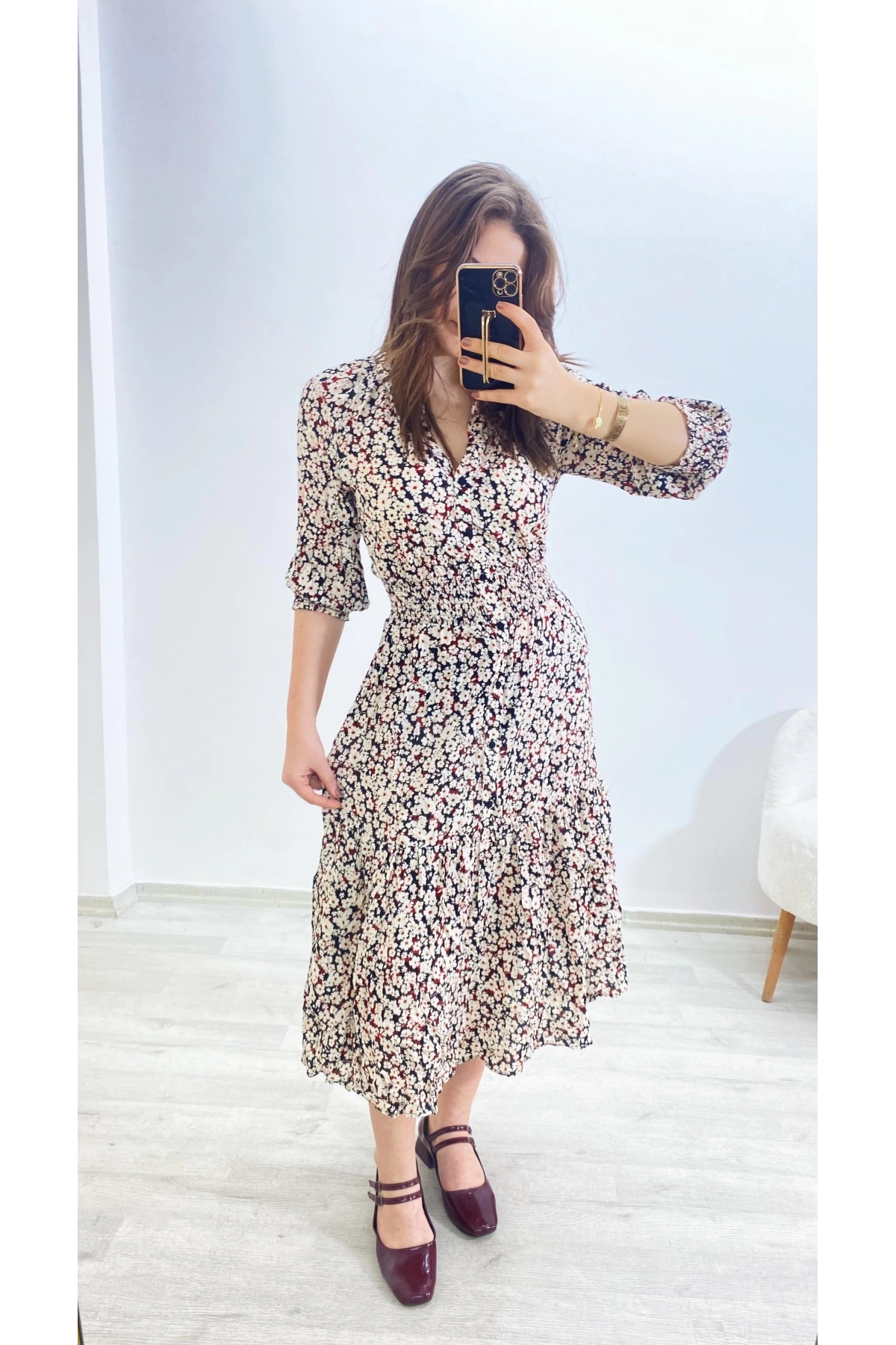 Uzun Kol Desenli Elbise