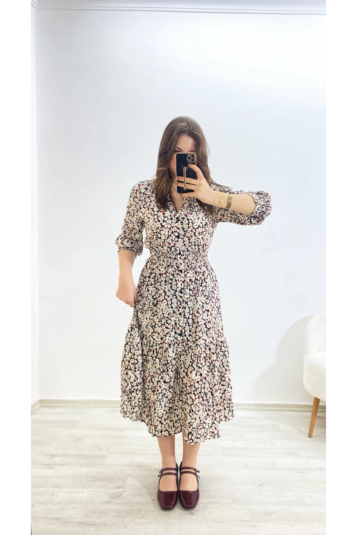 Uzun Kol Desenli Elbise