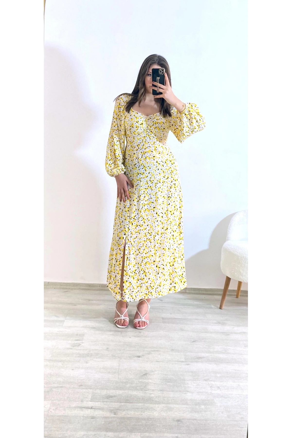 Uzun Kol Şifon Desenli Elbise