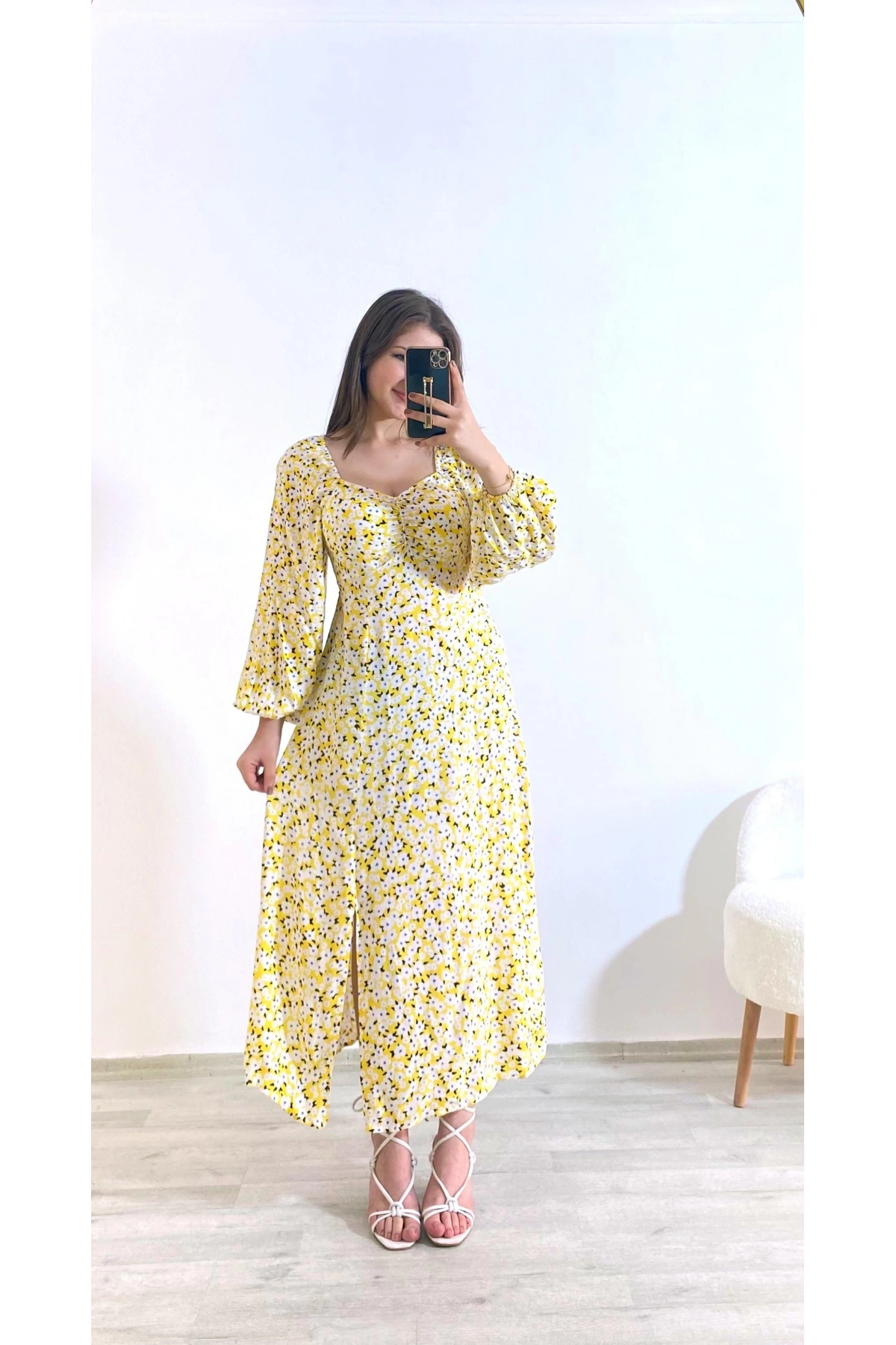 Uzun Kol Şifon Desenli Elbise