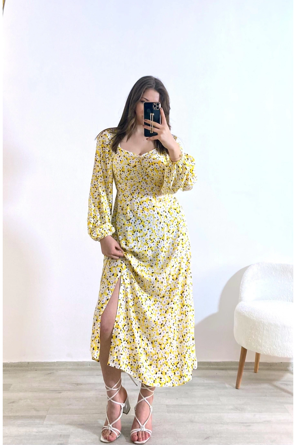 Uzun Kol Şifon Desenli Elbise