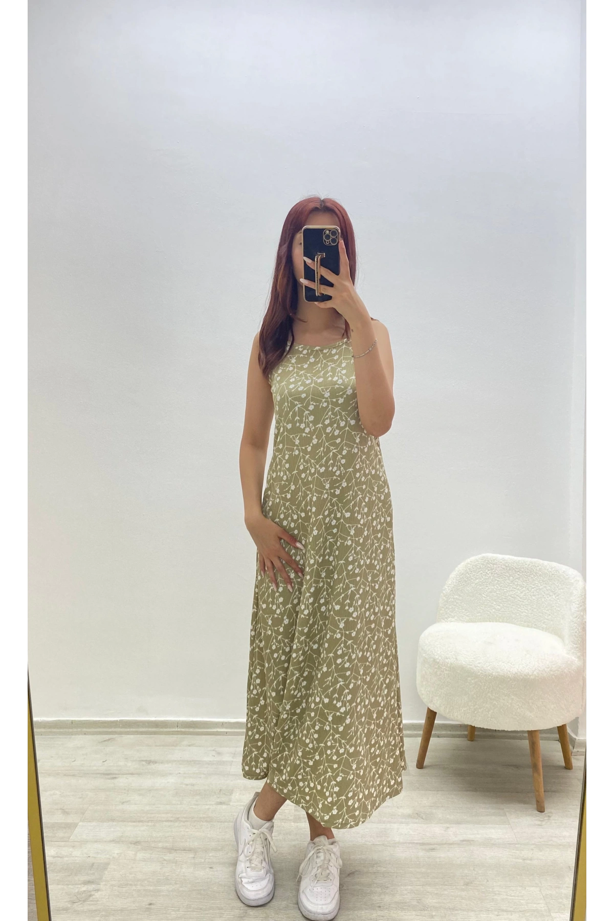 Askılı Çiçek Desenli Yazlık Elbise Yeşil