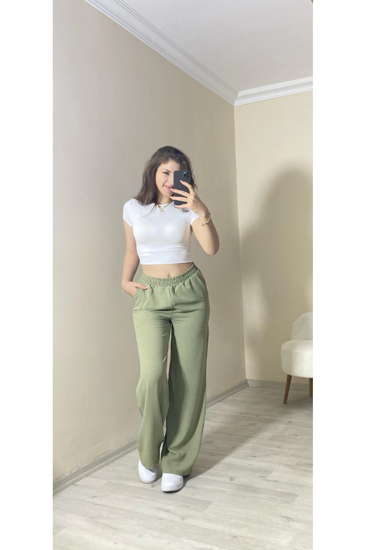 Yüksek Bel Beli Lastikli Bol Paça Pantolon – Haki