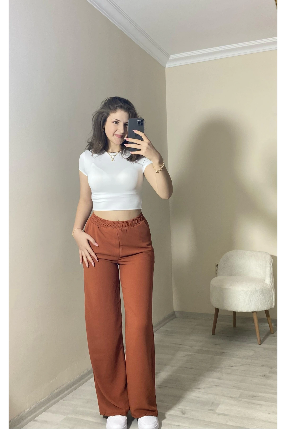 Yüksek Bel Beli Lastikli Bol Paça Pantolon – Kahve