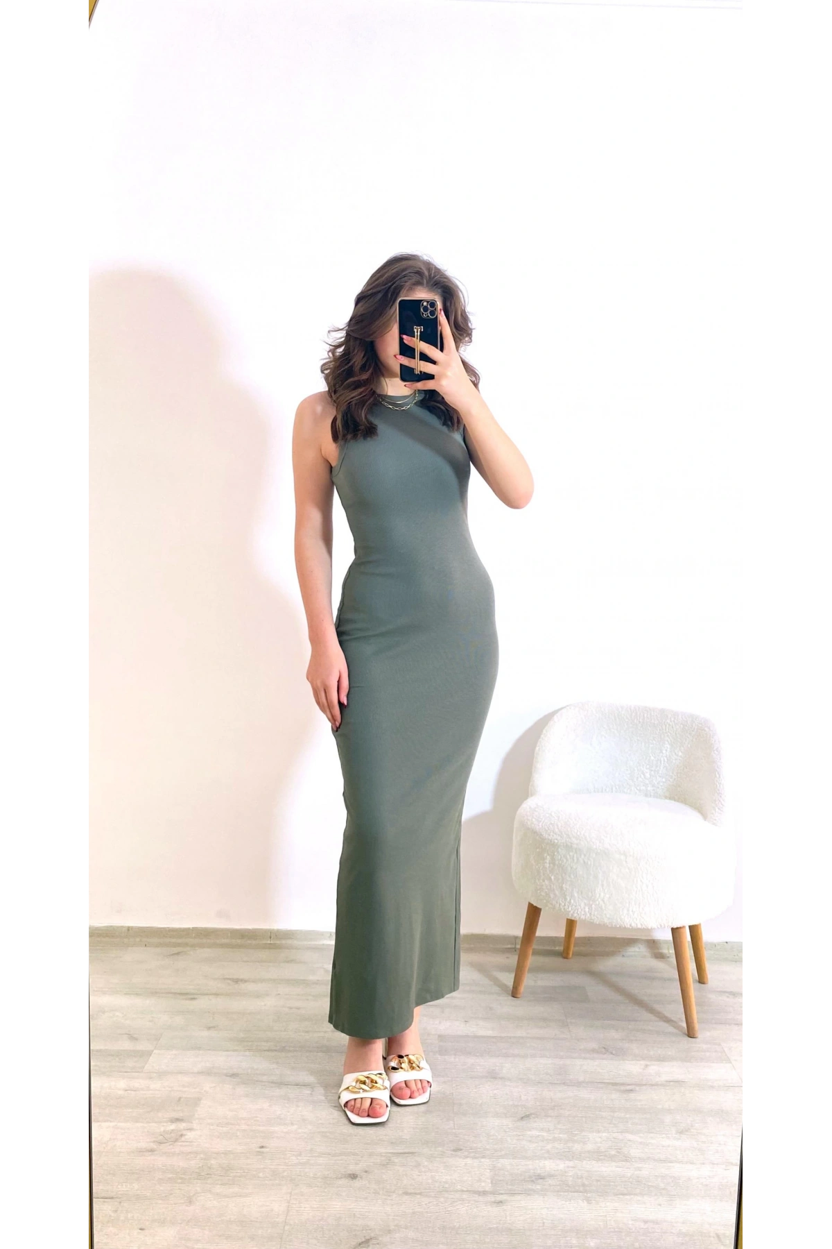 Kaşkorse Kumaş Maxi Boy Elbise Haki