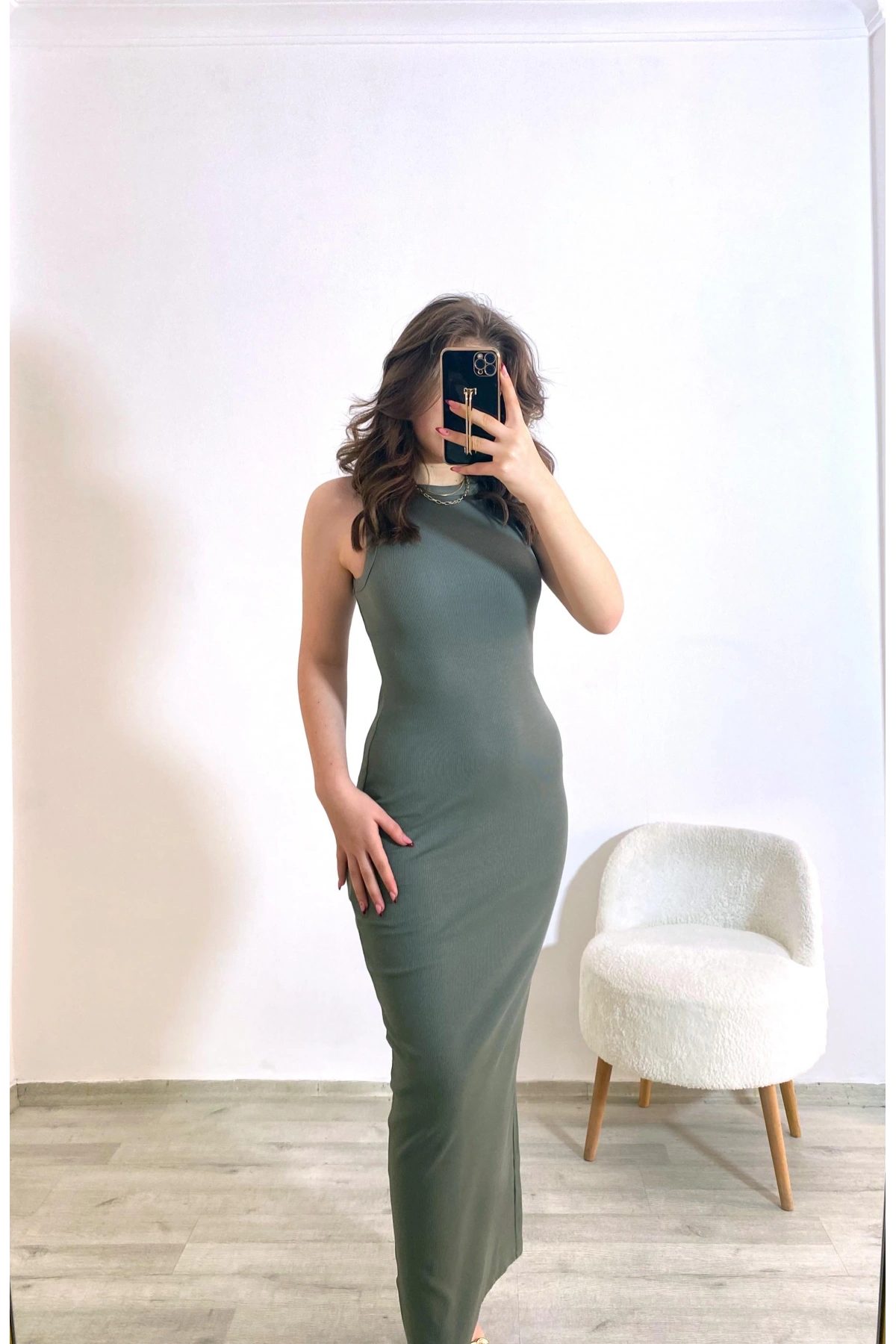 Kaşkorse Kumaş Maxi Boy Elbise Haki