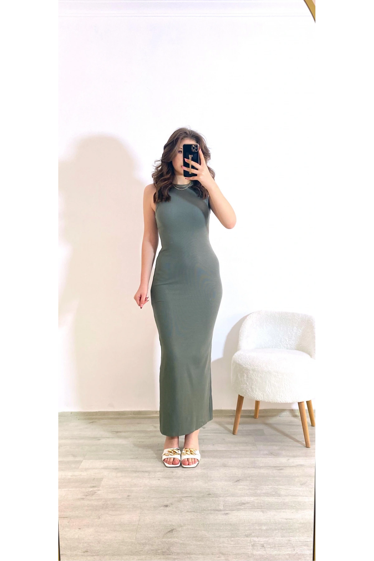 Kaşkorse Kumaş Maxi Boy Elbise Haki