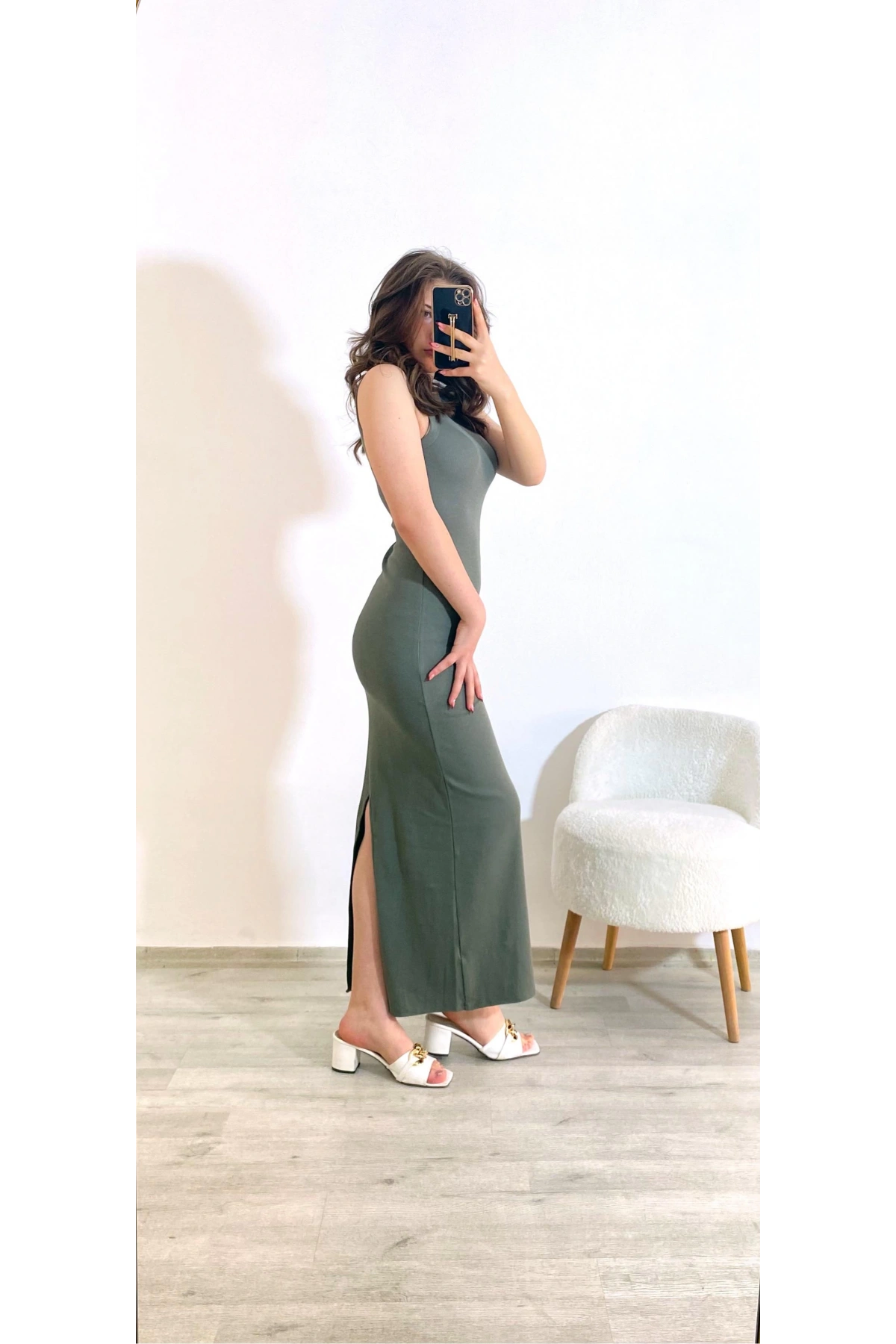 Kaşkorse Kumaş Maxi Boy Elbise Haki