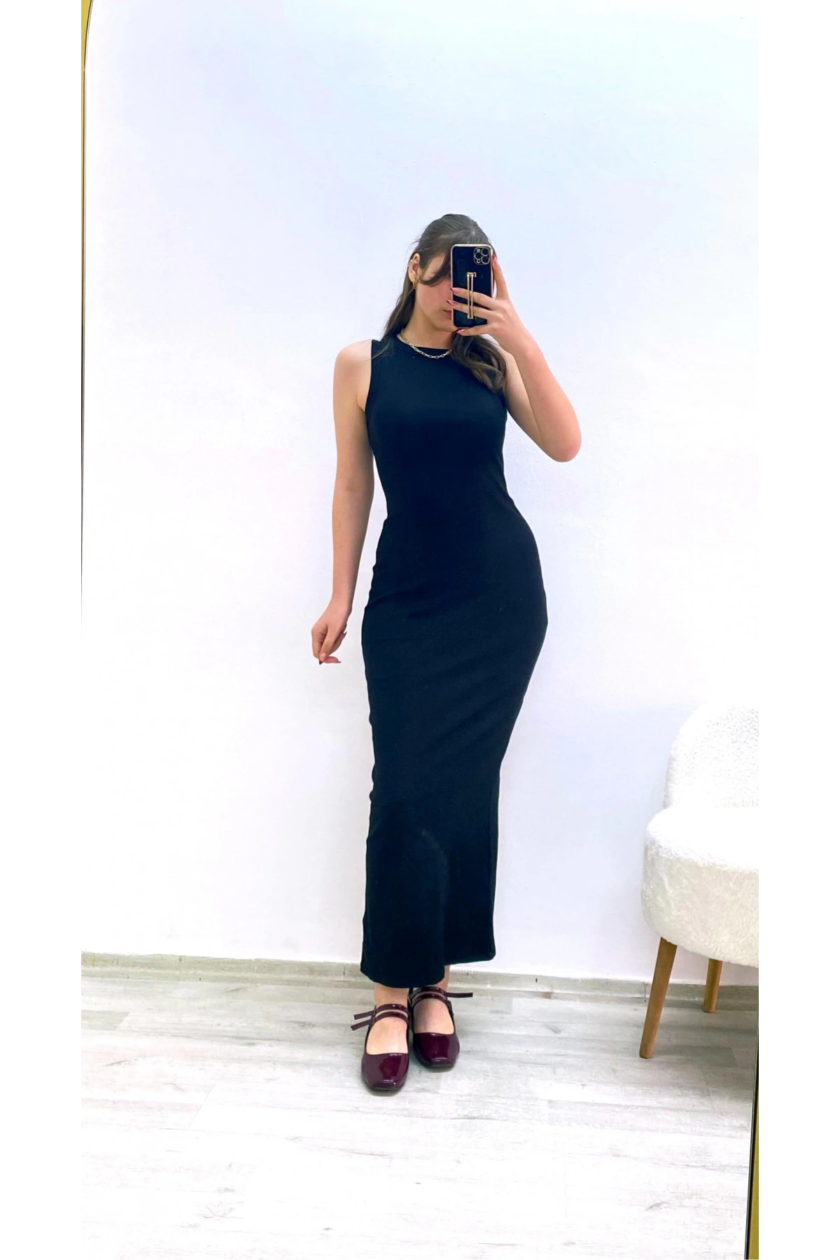 Kaşkorse Kumaş Maxi Boy Elbise Siyah