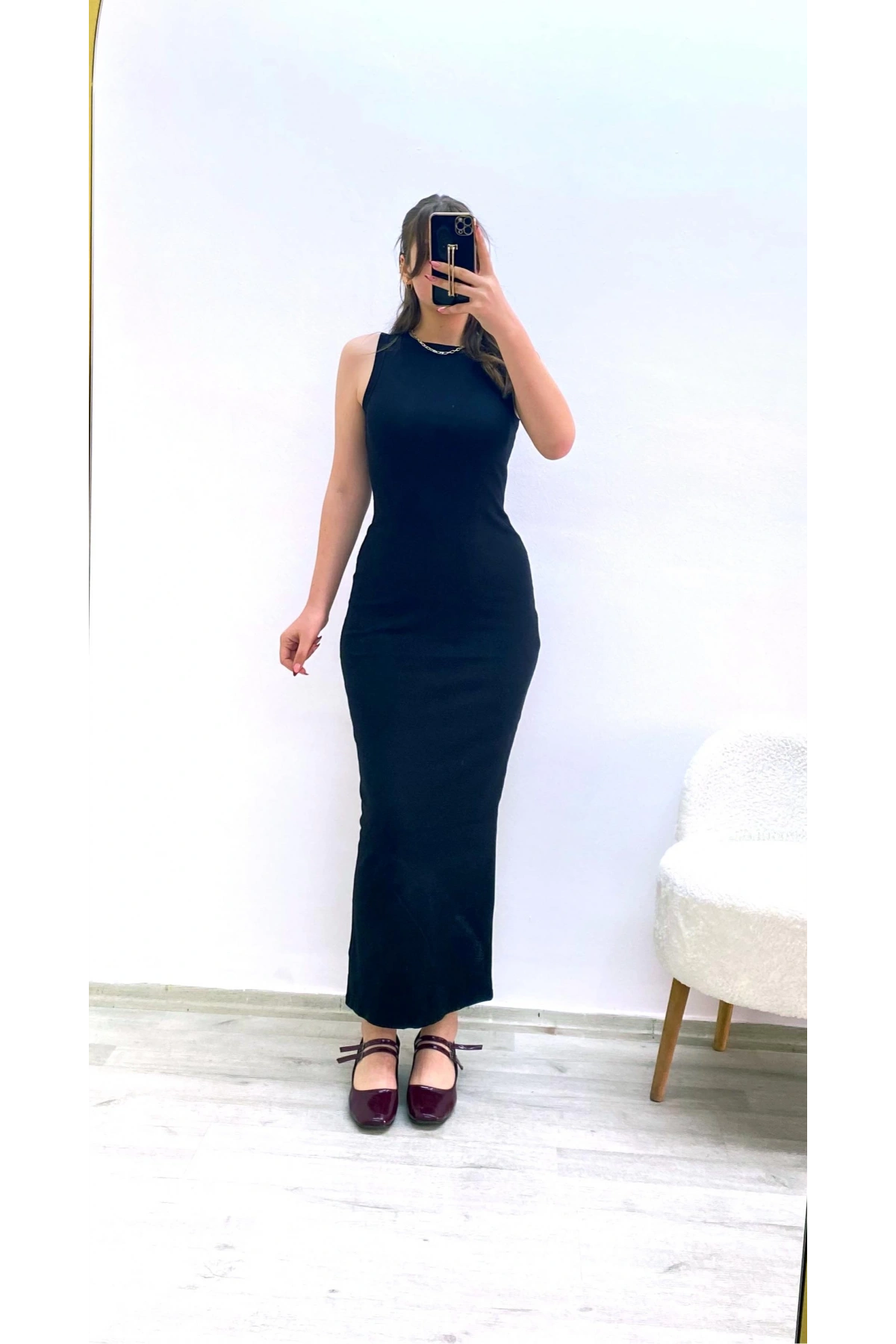 Kaşkorse Kumaş Maxi Boy Elbise Siyah