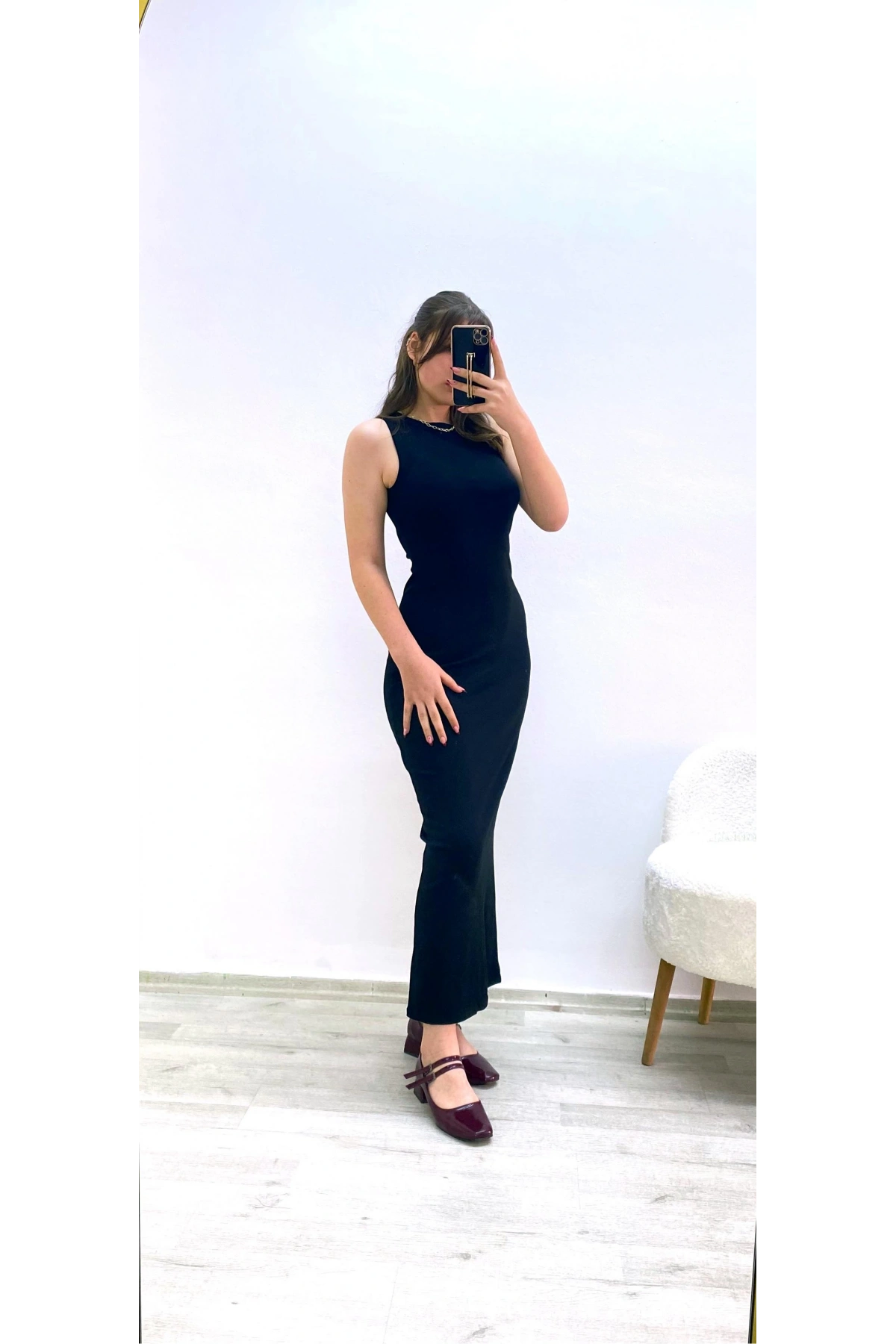 Kaşkorse Kumaş Maxi Boy Elbise Siyah