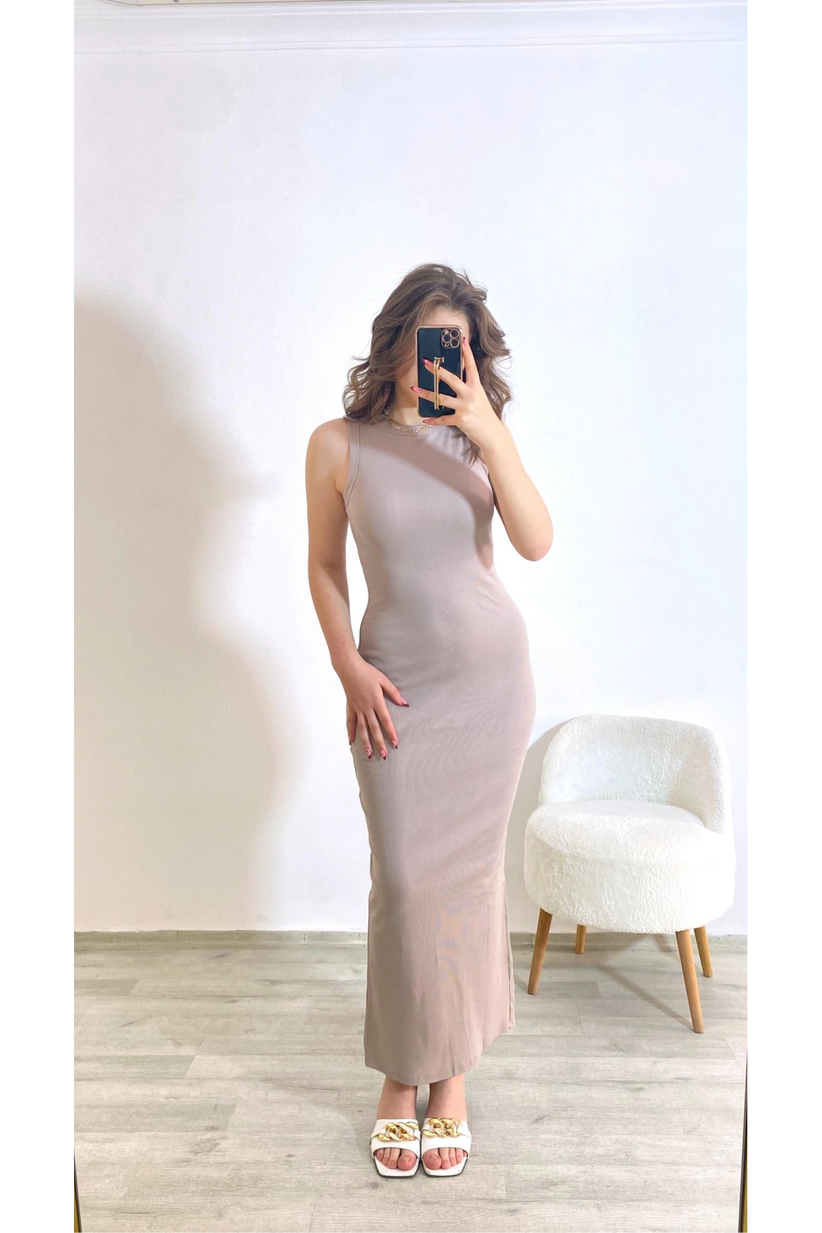 Kaşkorse Kumaş Maxi Boy Elbise Taş Rengi