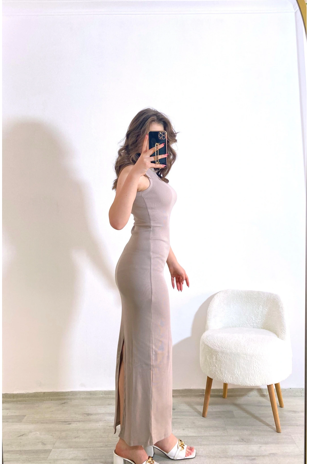 Kaşkorse Kumaş Maxi Boy Elbise Taş Rengi