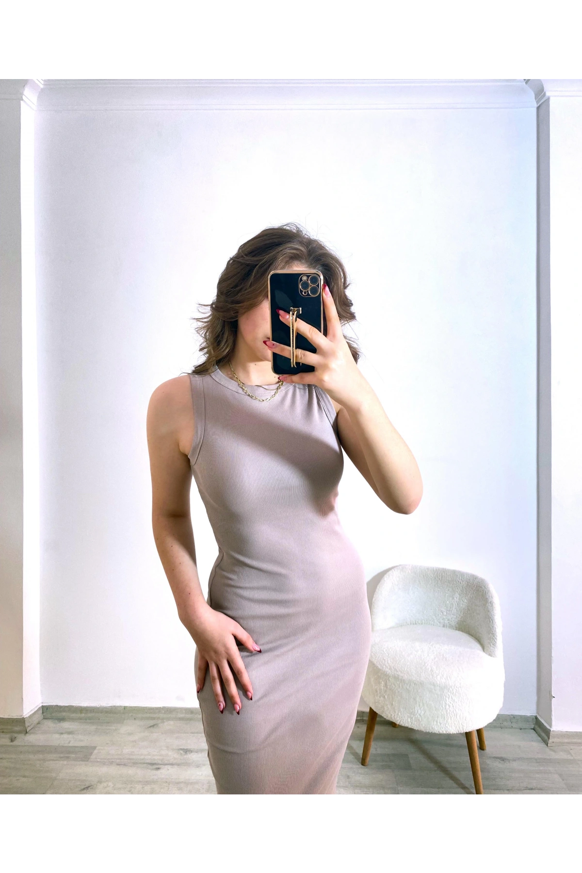 Kaşkorse Kumaş Maxi Boy Elbise Taş Rengi