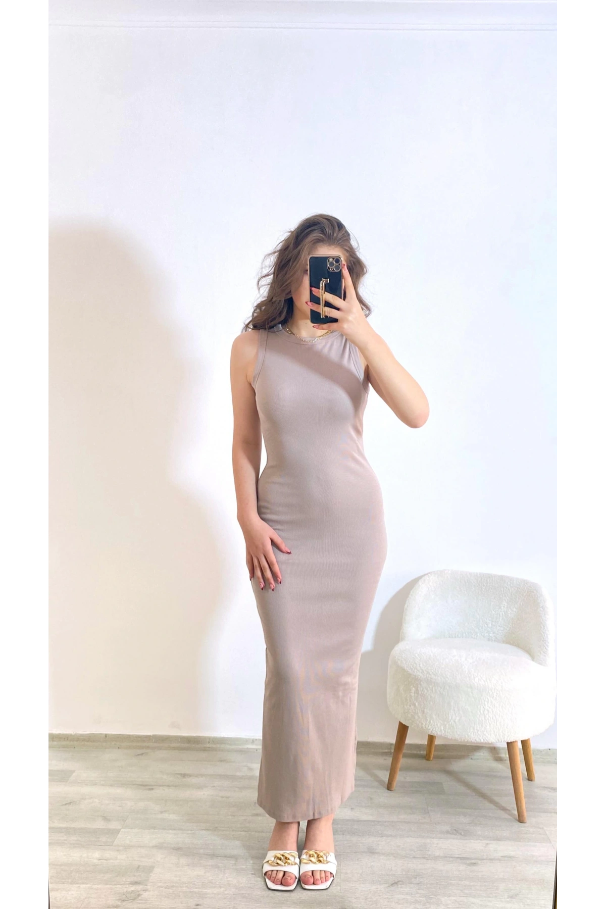 Kaşkorse Kumaş Maxi Boy Elbise Taş Rengi