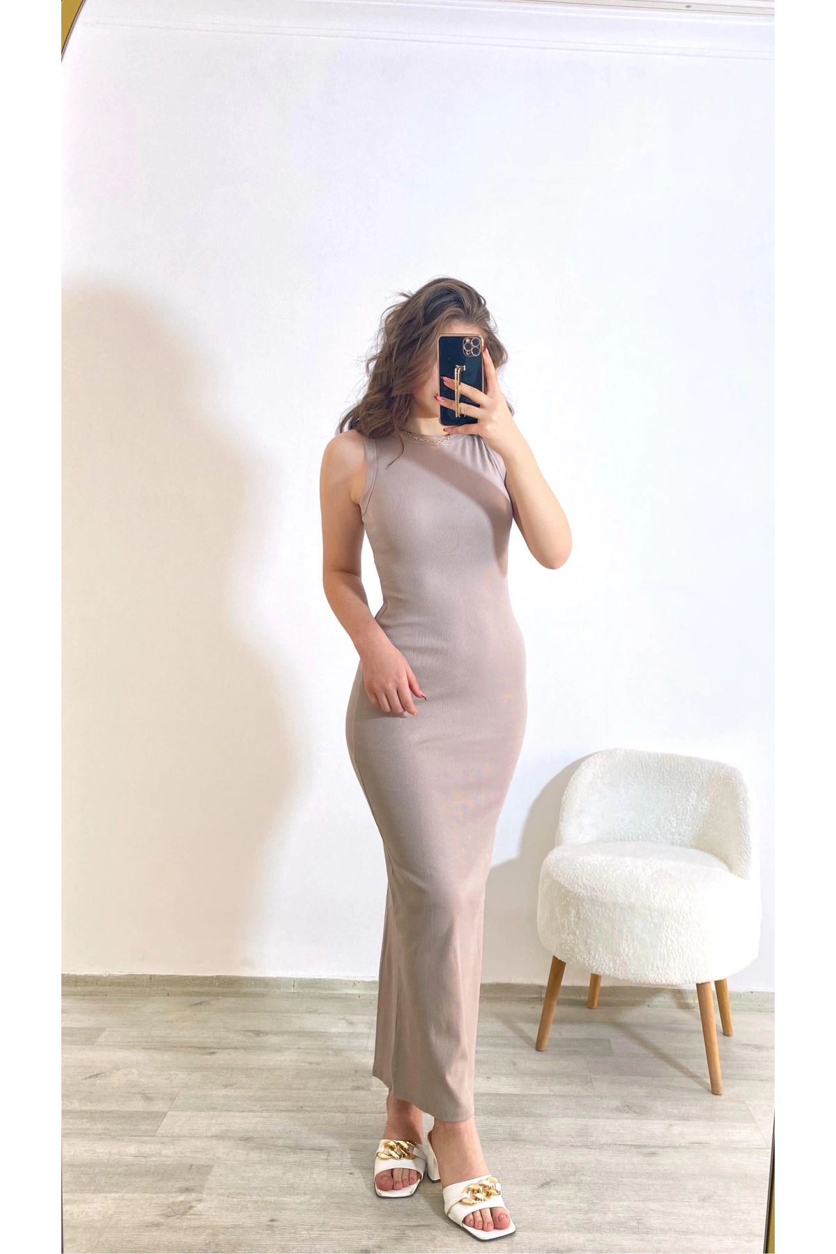 Kaşkorse Kumaş Maxi Boy Elbise Taş Rengi