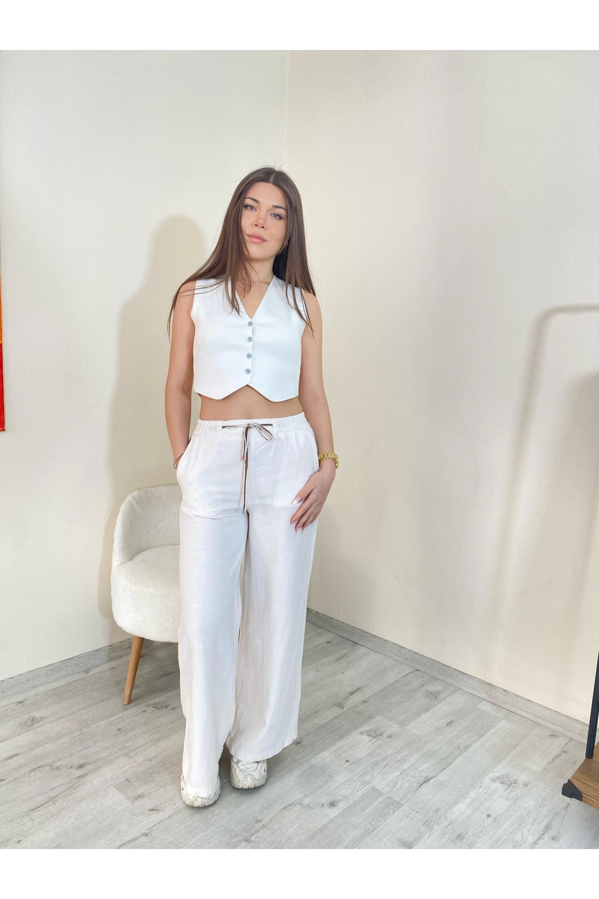 Keten Bol Paça Pantolon Beyaz