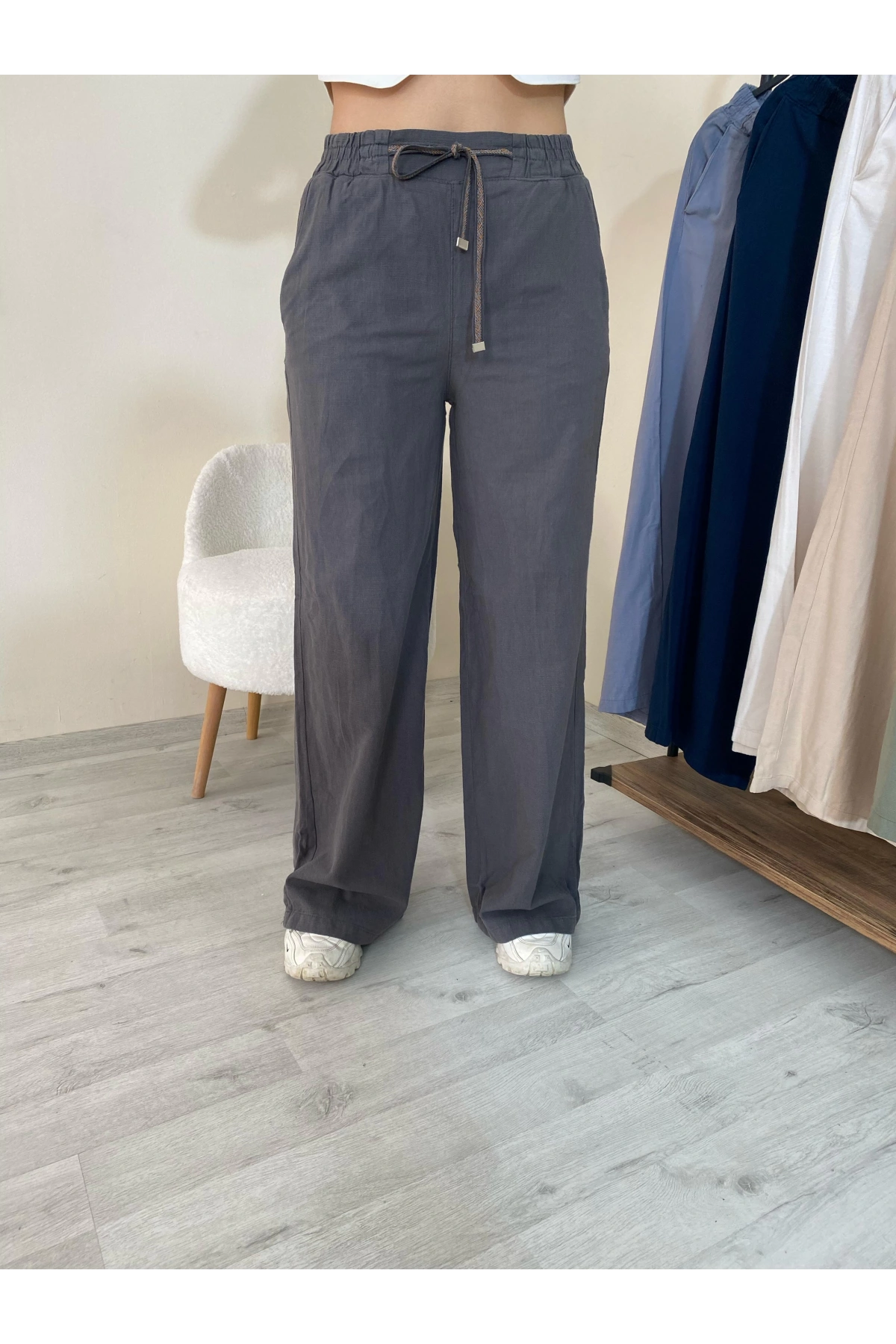 Keten Bol Paça Pantolon Füme