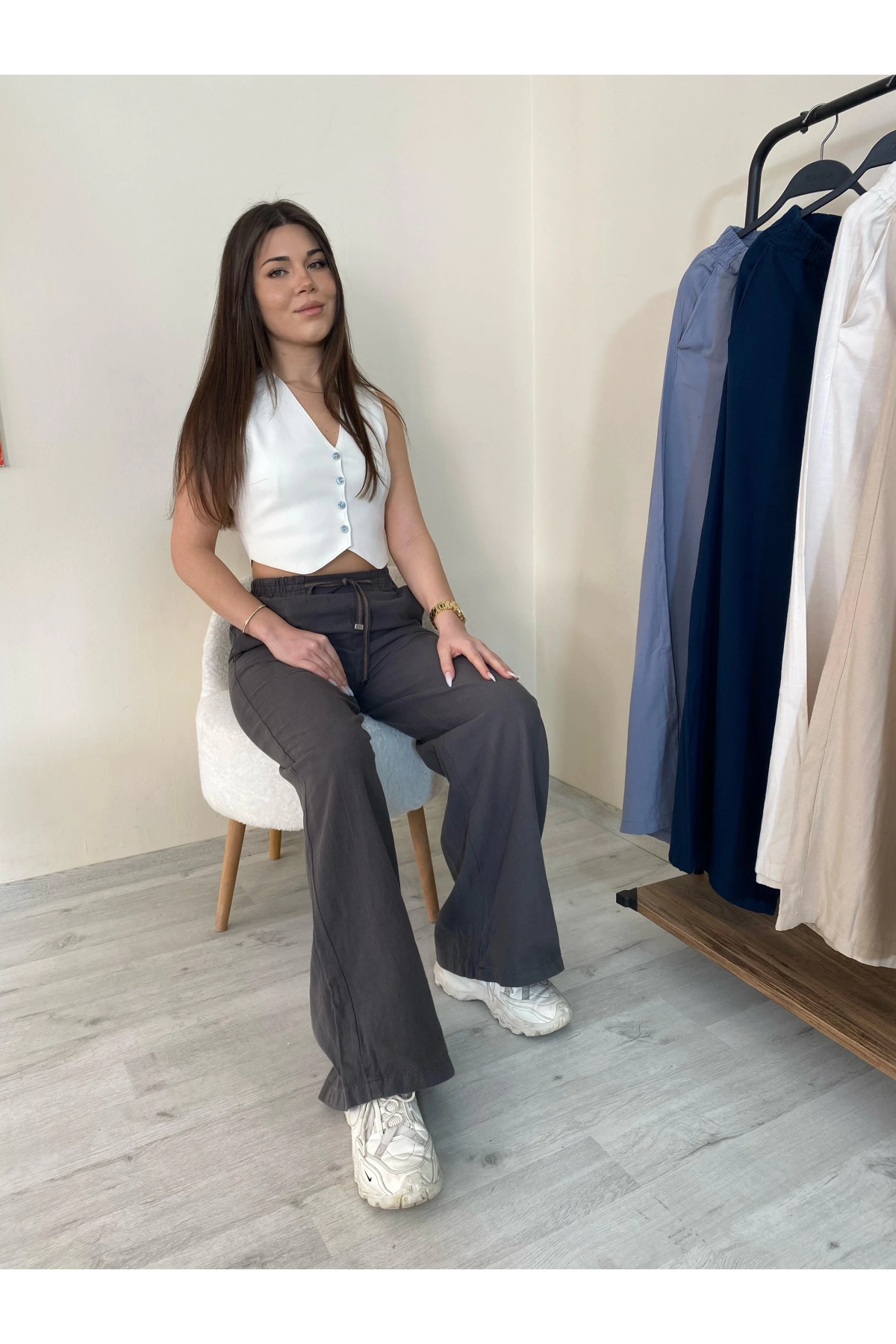 Keten Bol Paça Pantolon Füme