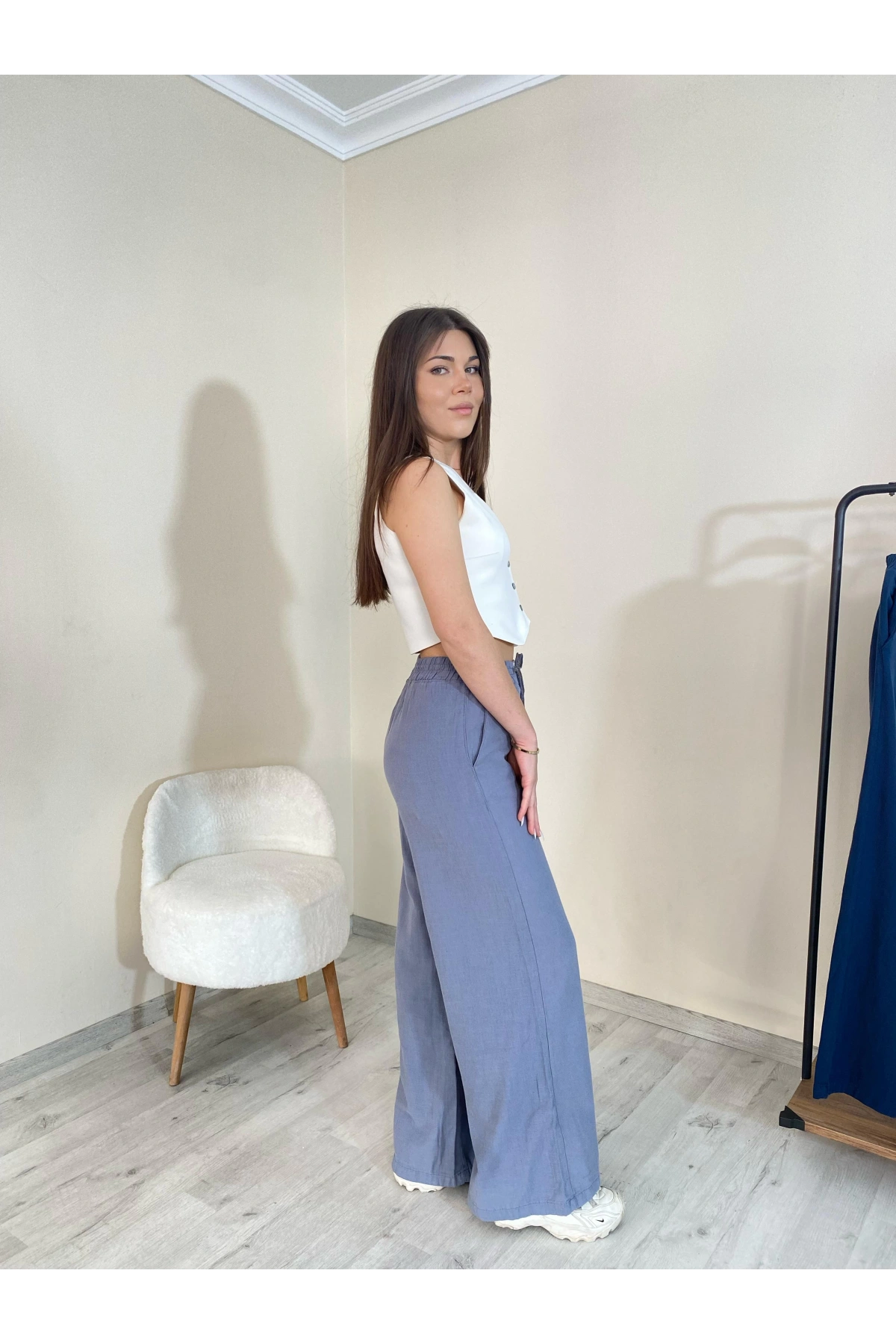 Keten Bol Paça Pantolon Gri Renk