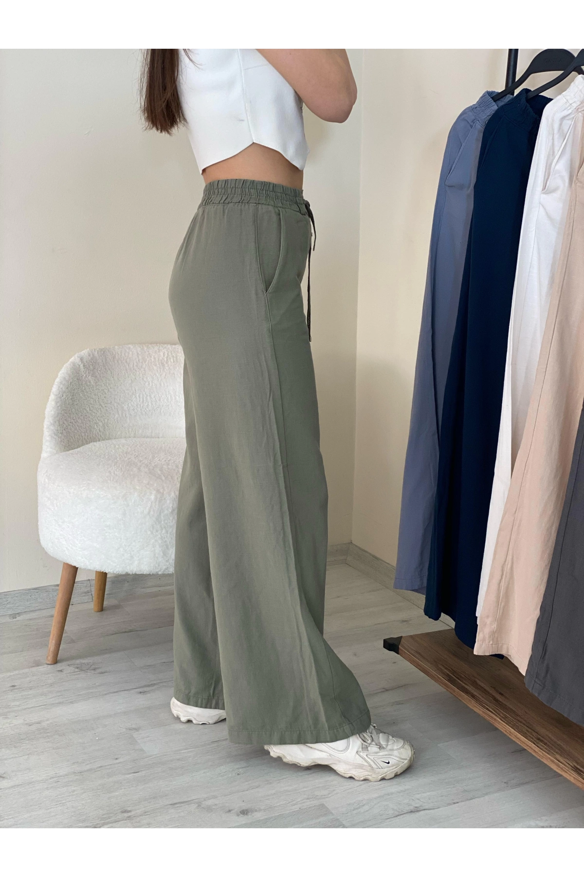 Keten Bol Paça Pantolon Haki