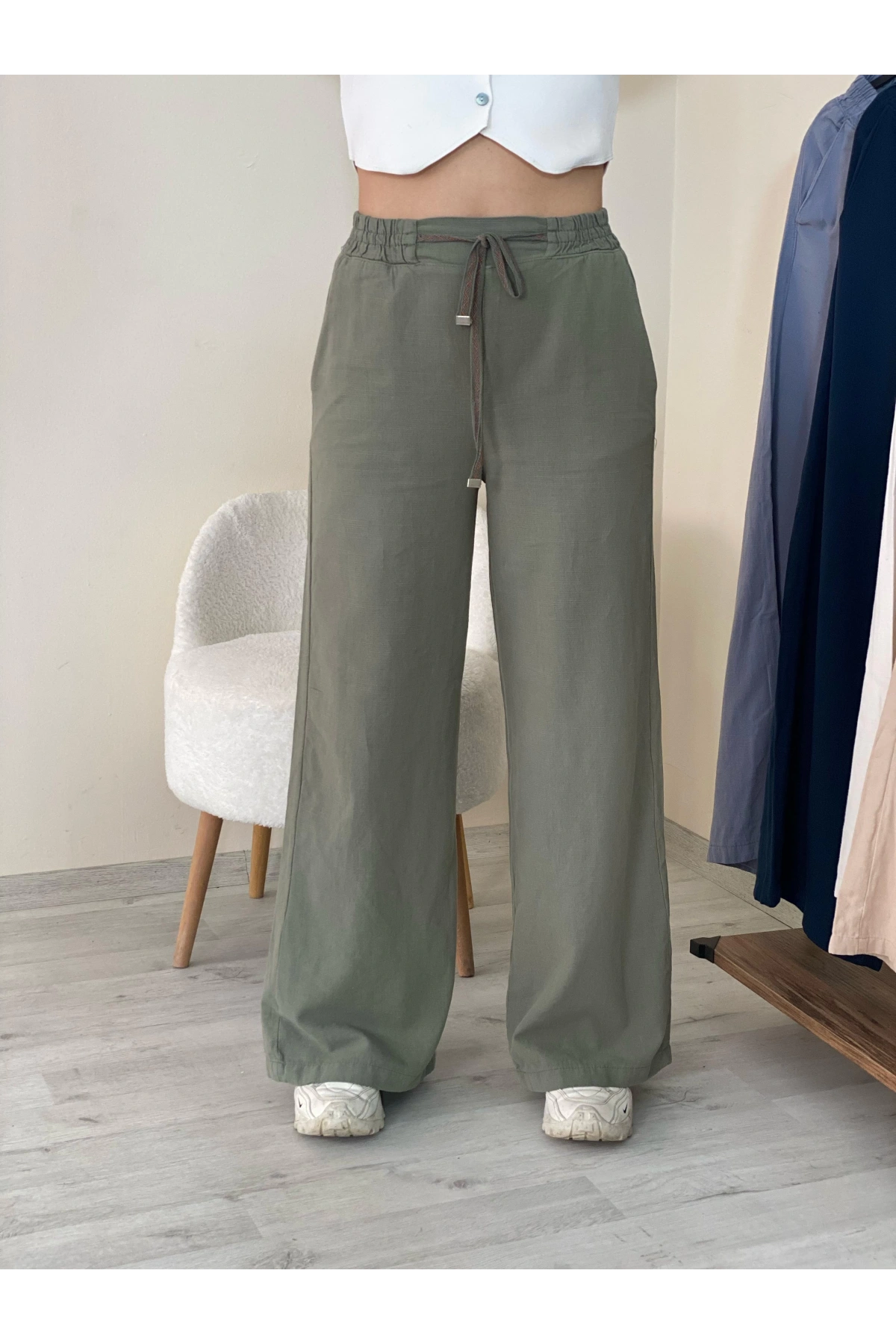 Keten Bol Paça Pantolon Haki