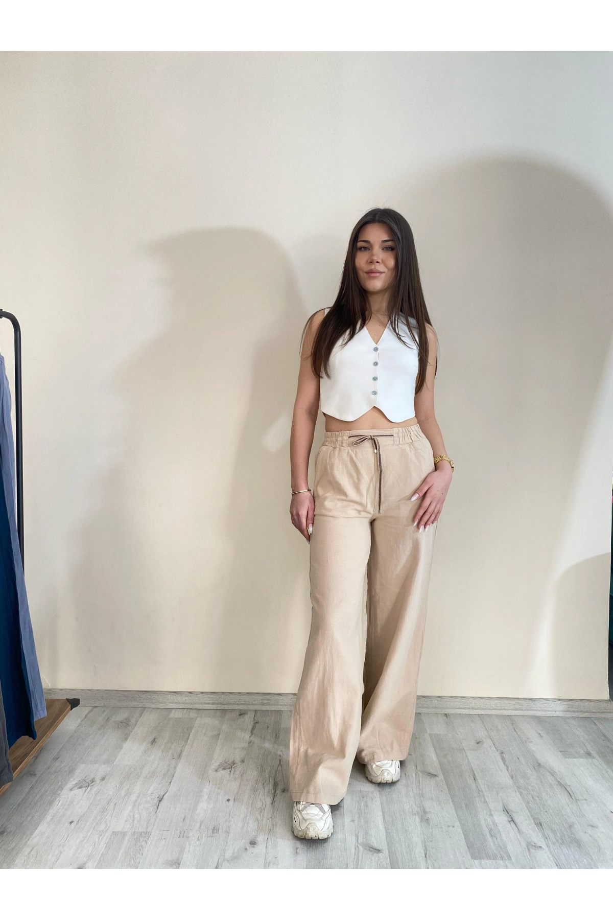 Keten Bol Paça Pantolon Taş Rengi