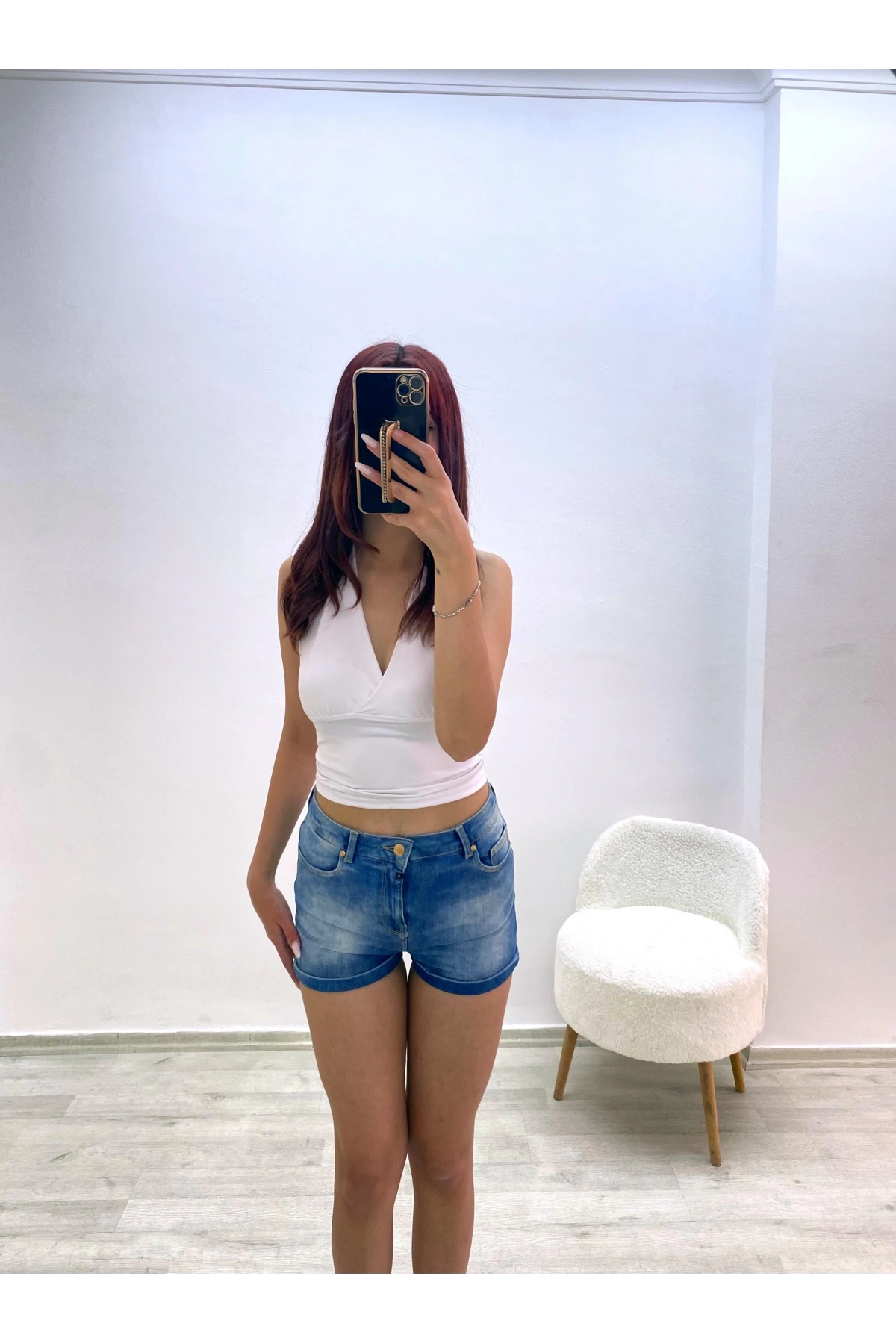 Yüksek Bel Jean Şort Koyu Mavi