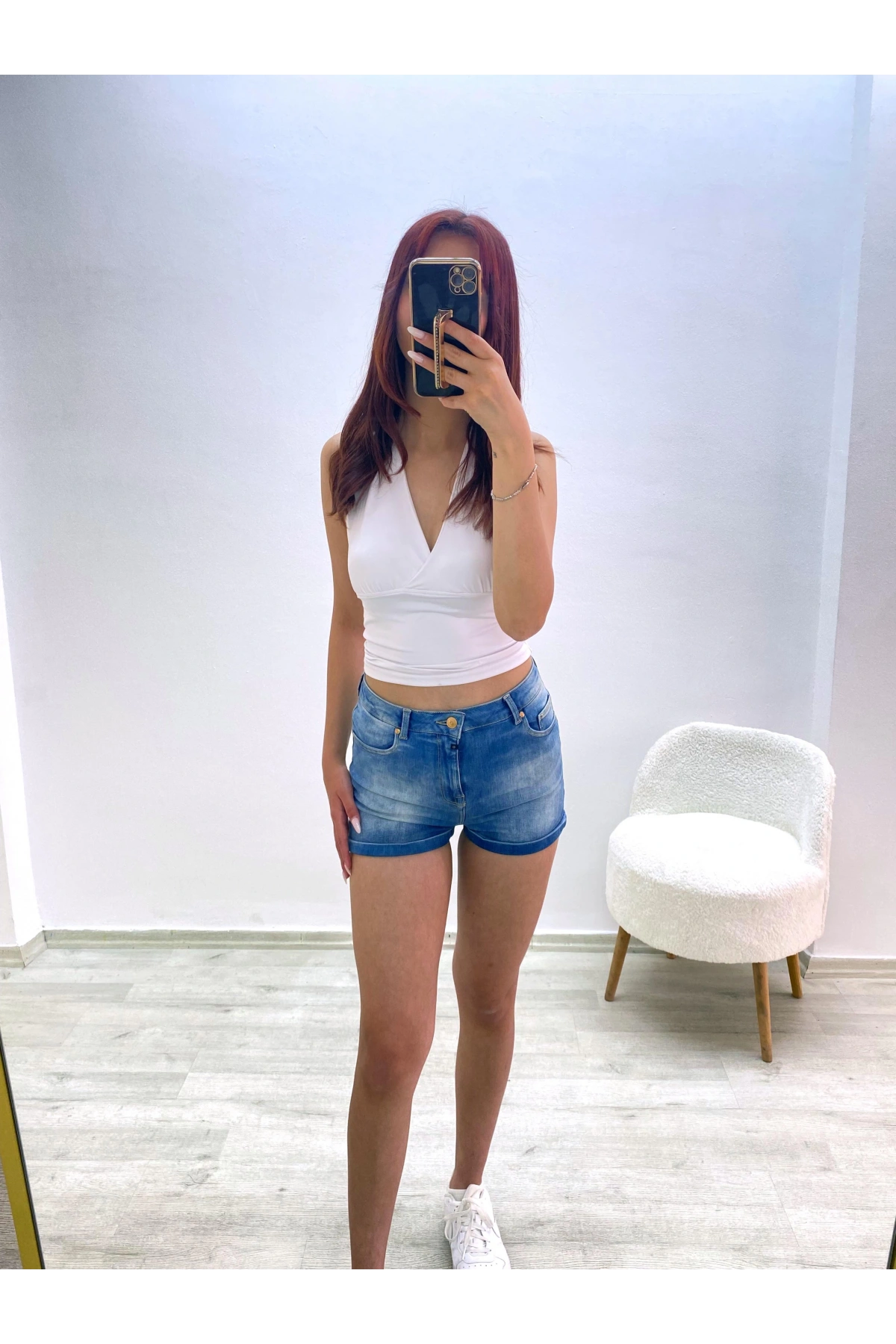 Yüksek Bel Jean Şort Koyu Mavi