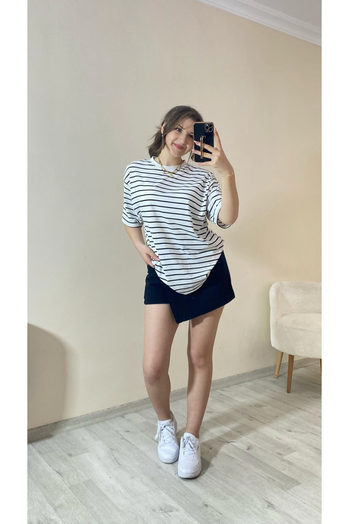 Lacivert Çizgili Oversize Tişört