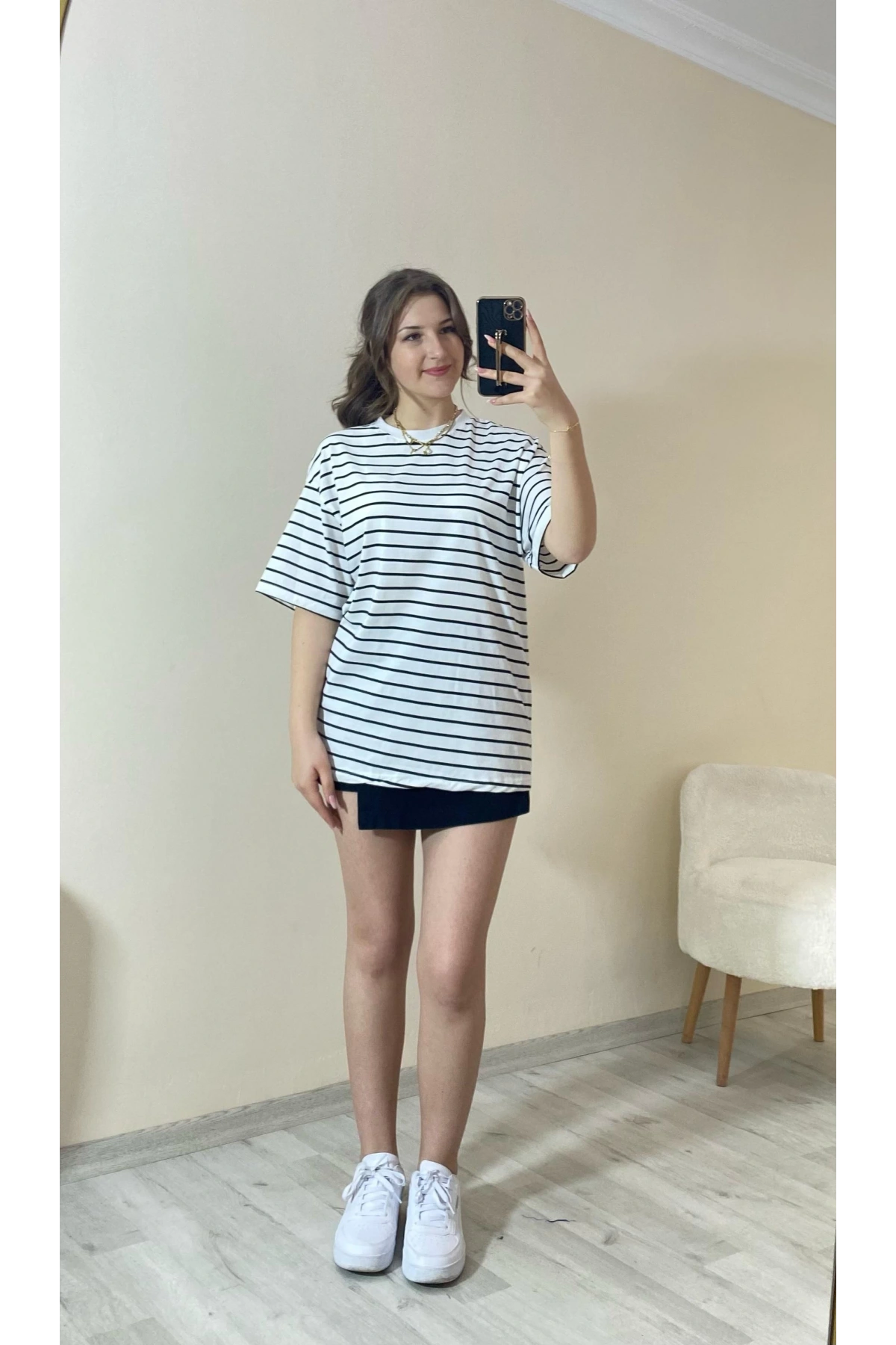 Lacivert Çizgili Oversize Tişört