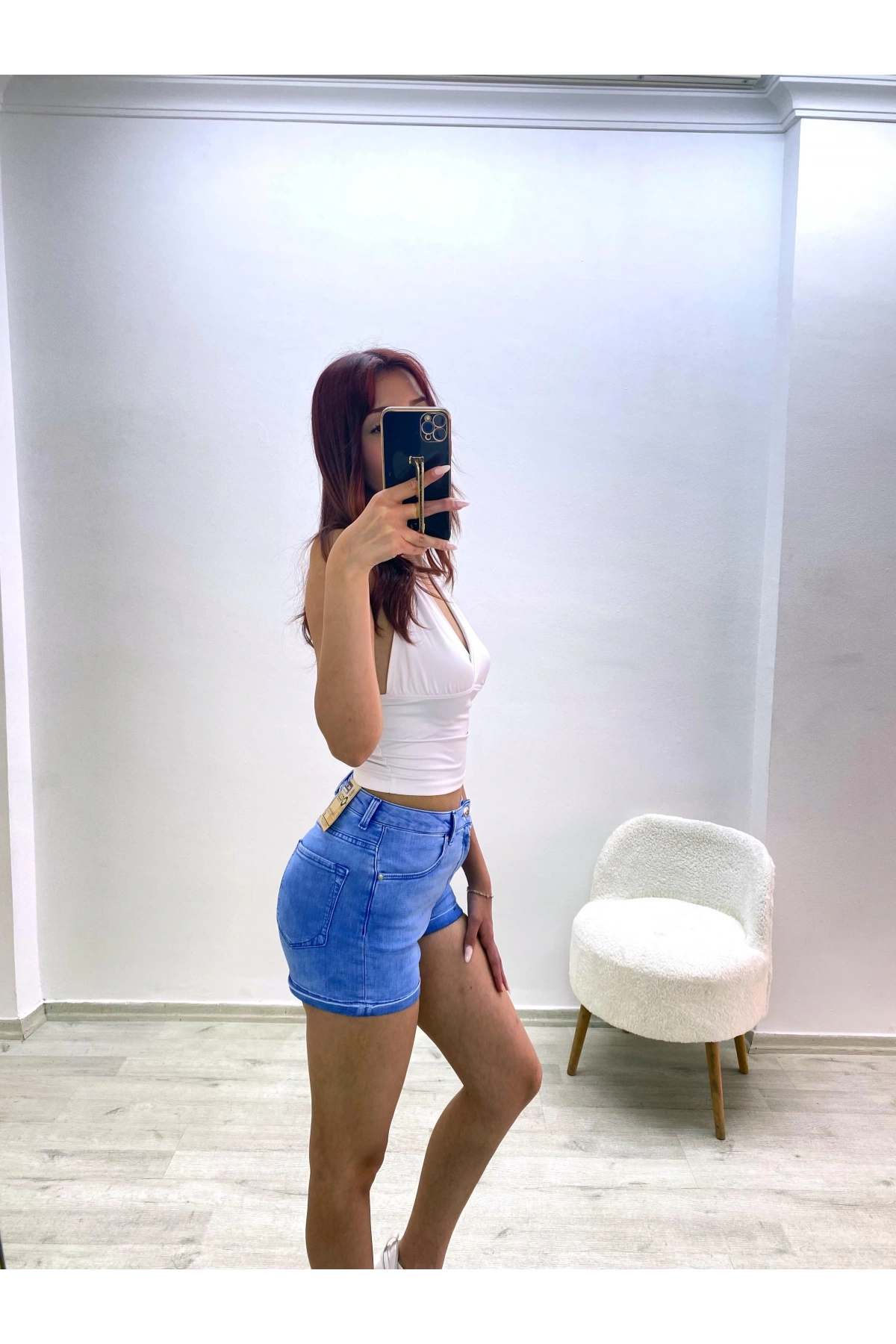 Yüksek Bel Jean Şort Mavi