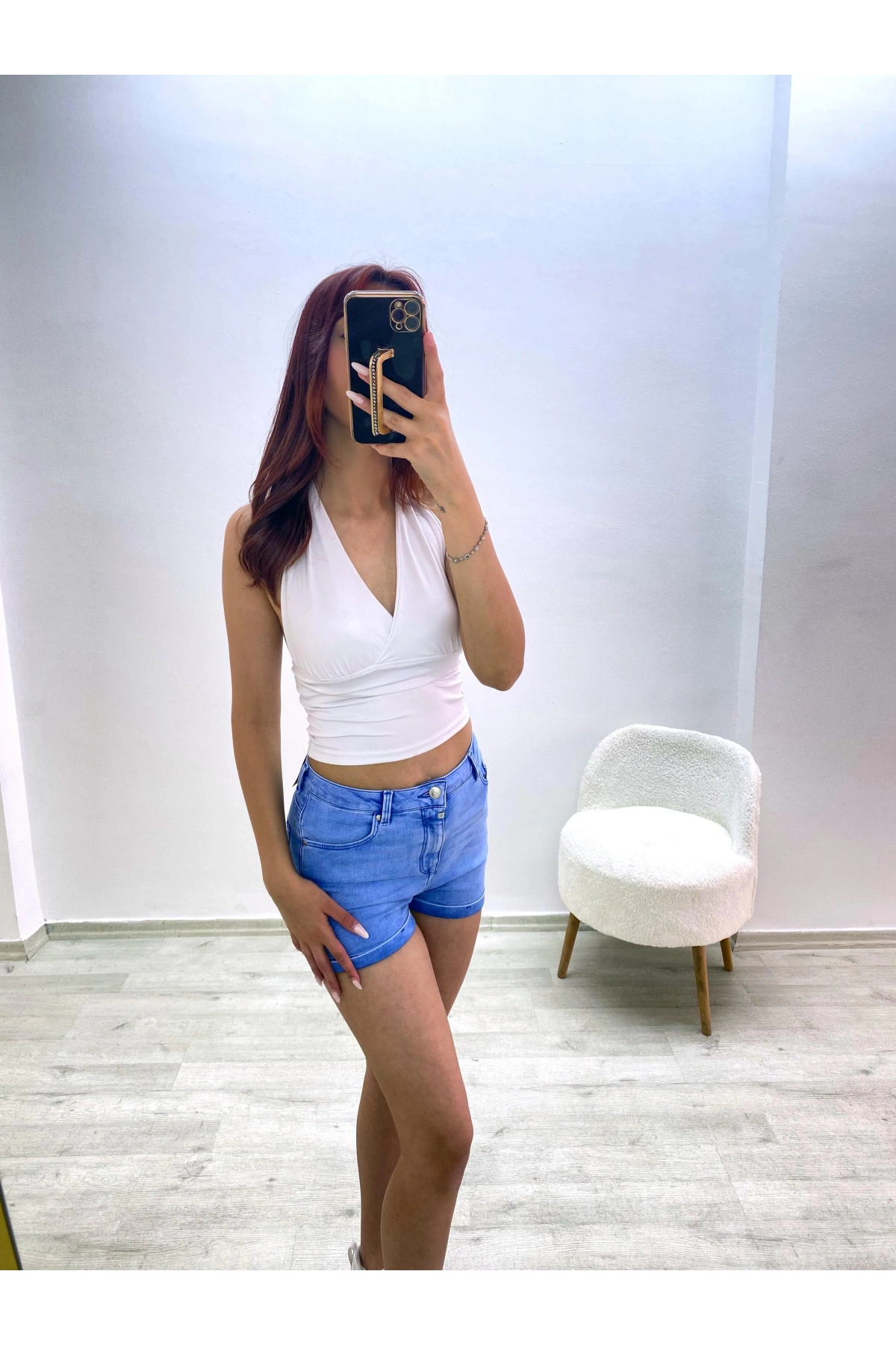 Yüksek Bel Jean Şort Mavi