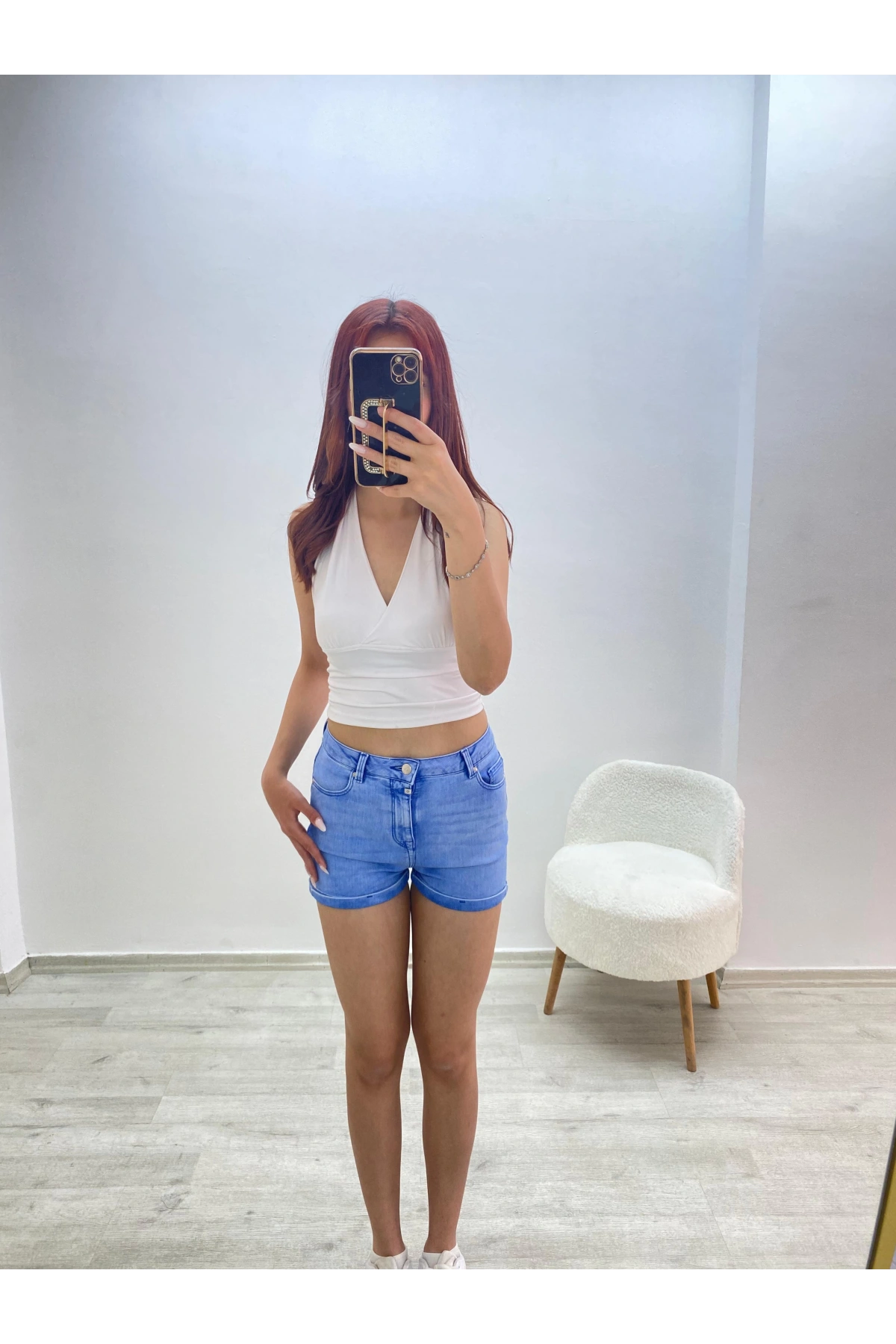 Yüksek Bel Jean Şort Mavi